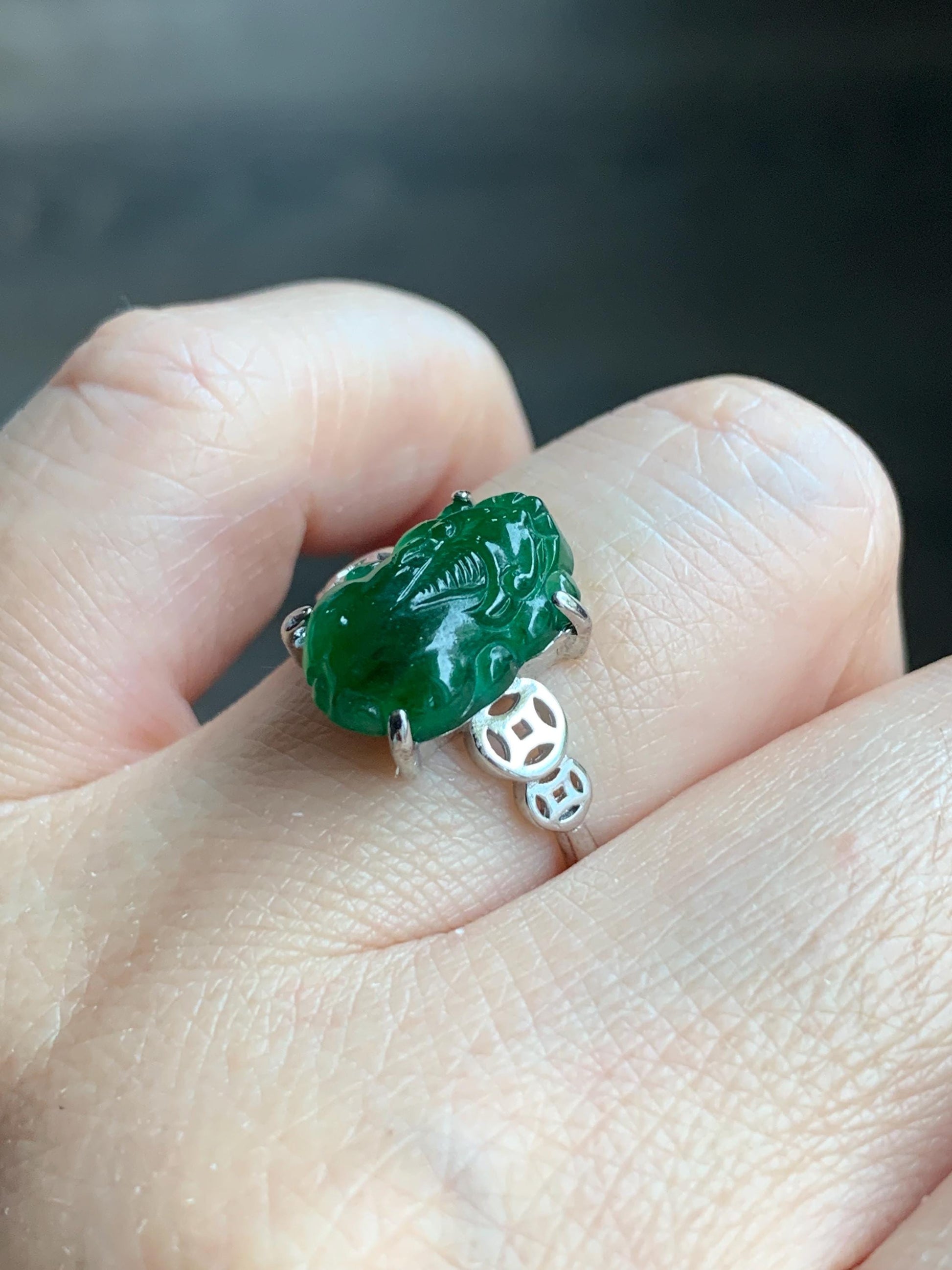 Natural Guatemalan Icy Translucent Vibrant Green Jadeite Carved Pixiu Ring S925 Sterling Silver Size 7 Adjustable 天然高冰危绿翡翠貔貅银镶戒指 WPX223