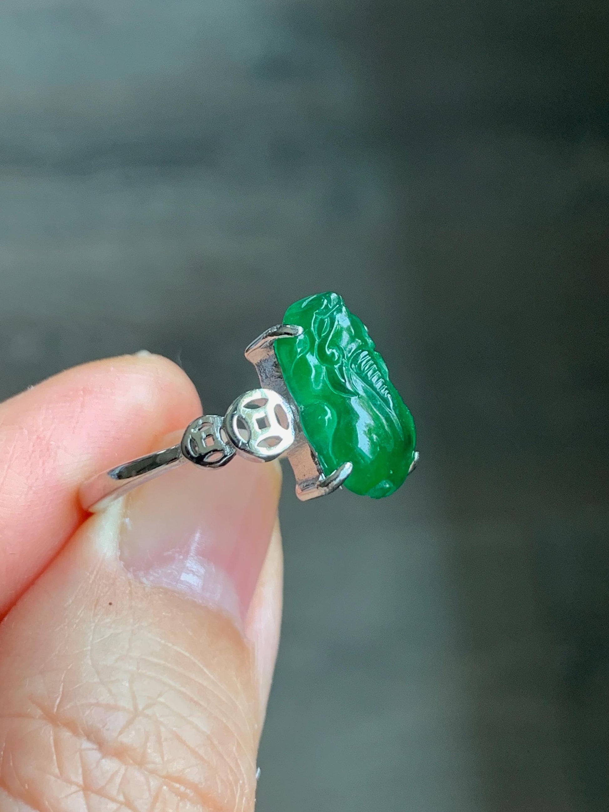 Natural Guatemalan Icy Translucent Vibrant Green Jadeite Carved Pixiu Ring S925 Sterling Silver Size 7 Adjustable 天然高冰危绿翡翠貔貅银镶戒指 WPX223