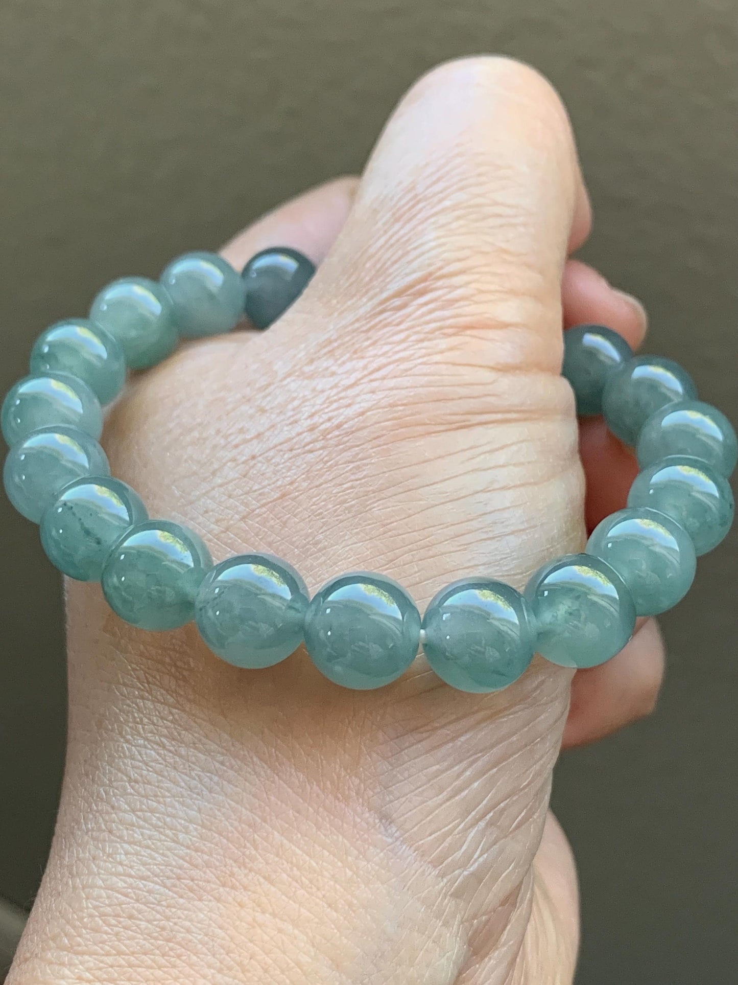 Natural Guatemalan Icy Highly Translucent Light Teal Blue Jadeite Large Beads Beaded Bracelet Stretchy 9.6mm 7” 31g 天然冰危浅蓝绿翡翠圆珠手串 LMMD104