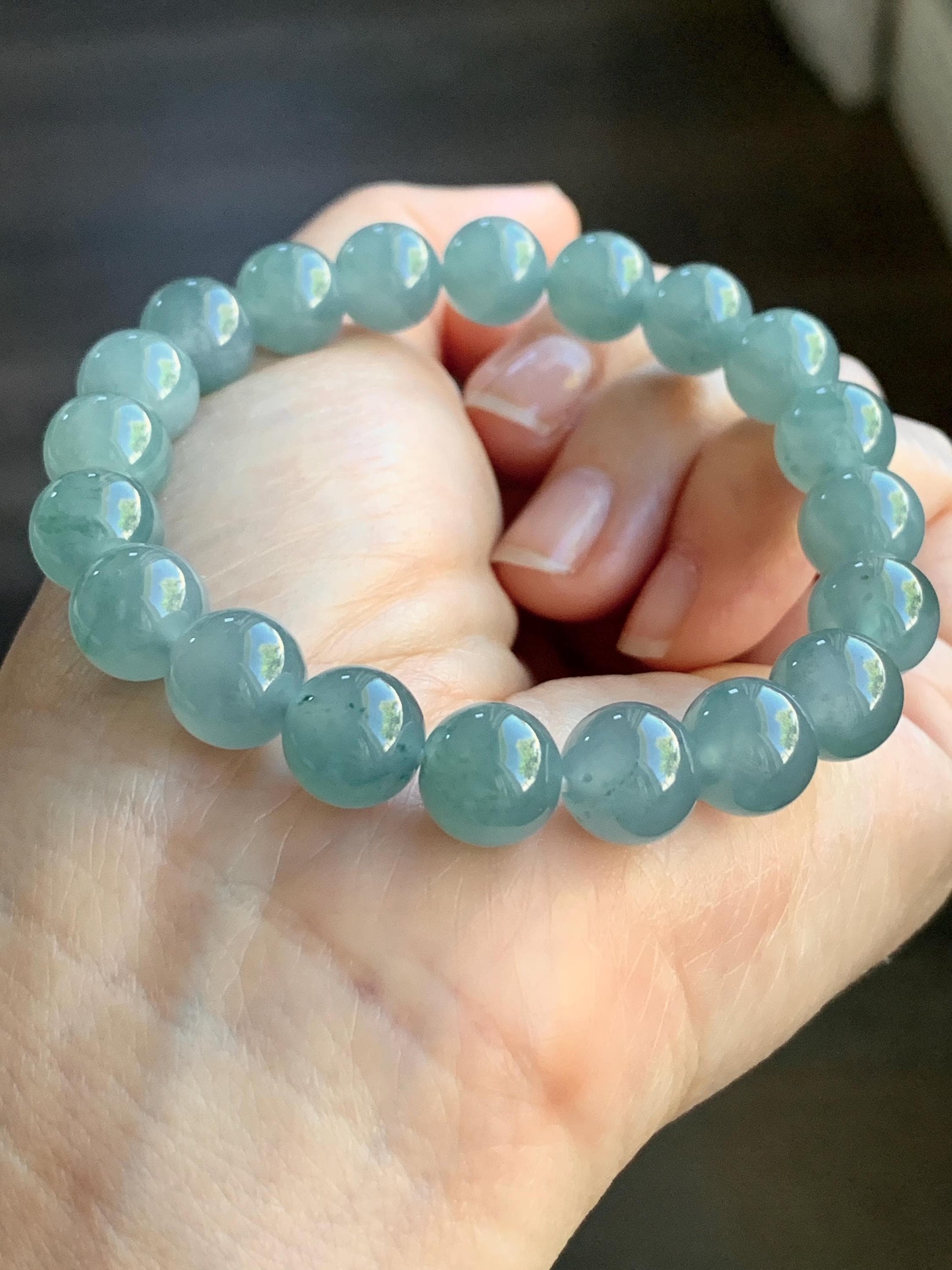 Natural Guatemalan Icy Highly Translucent Light Teal Blue Jadeite Large Beads Beaded Bracelet Stretchy 9.6mm 7” 31g 天然冰危浅蓝绿翡翠圆珠手串 LMMD104
