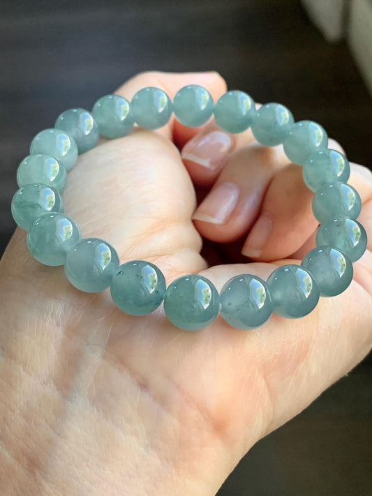Natural Guatemalan Icy Highly Translucent Light Teal Blue Jadeite Large Beads Beaded Bracelet Stretchy 9.6mm 7” 31g 天然冰危浅蓝绿翡翠圆珠手串 LMMD104