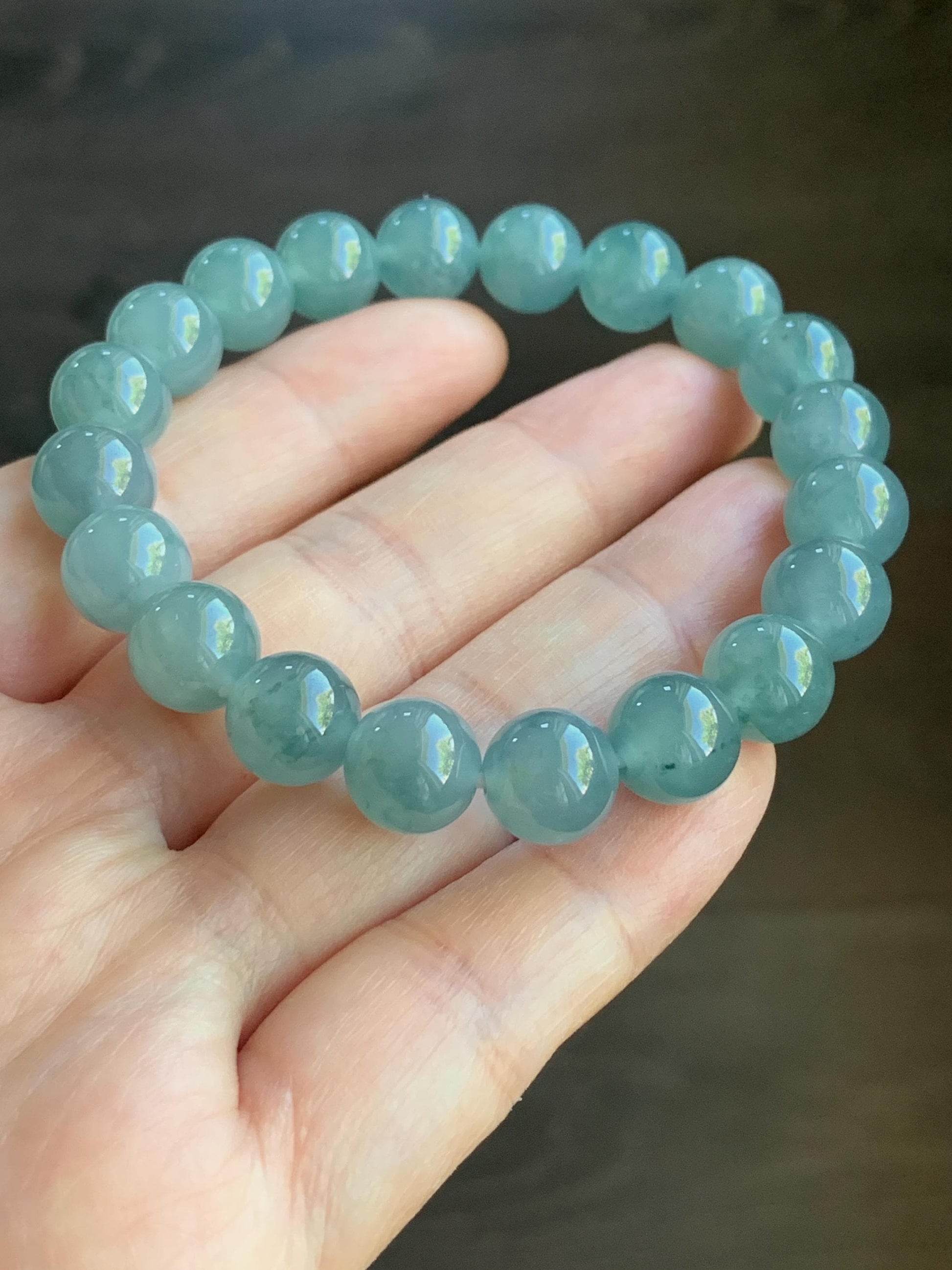 Natural Guatemalan Icy Highly Translucent Light Teal Blue Jadeite Large Beads Beaded Bracelet Stretchy 9.6mm 7” 31g 天然冰危浅蓝绿翡翠圆珠手串 LMMD104