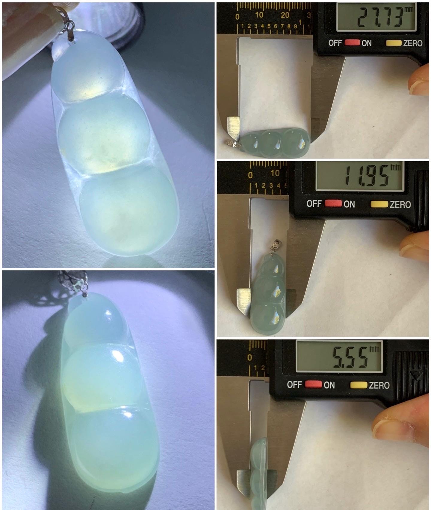 Natural Guatemalan Icy Translucent Gelatinous Pale Dusty Blue Jadeite Peapod Pendant 18K White Gold 3g 天然冰危浅蓝翡翠福豆镶嵌吊坠 DHL73D