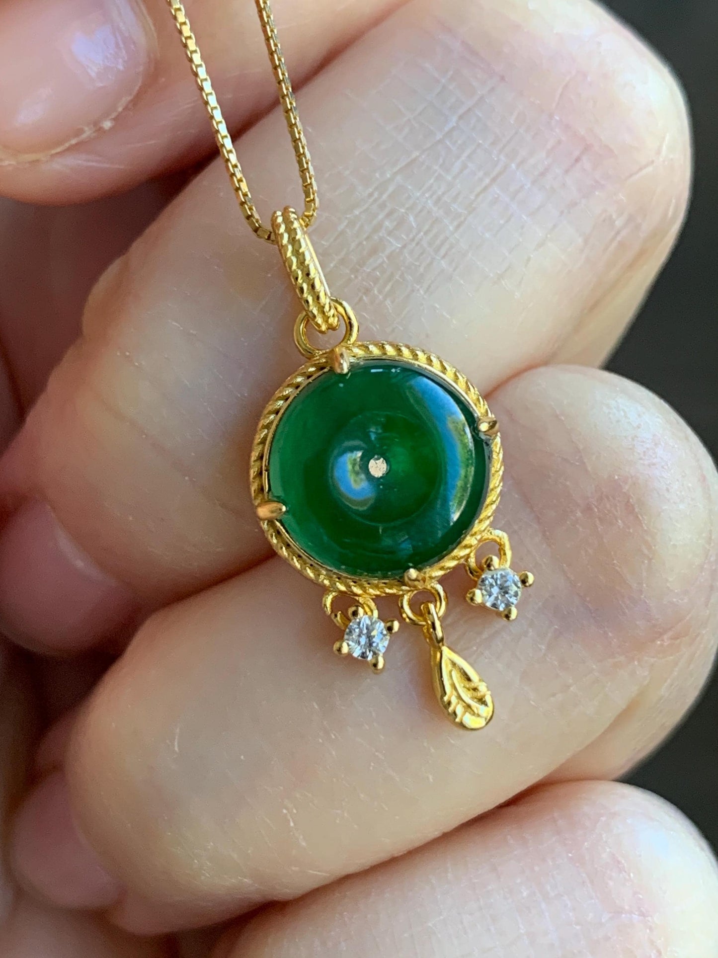 Natural Guatemalan Icy Highly Translucent Vibrant Green Jadeite Ping An Kou Donut Pendant Sterling Silver Yellow Gold Overlay 天然冰危绿翡翠平安扣银镶吊坠