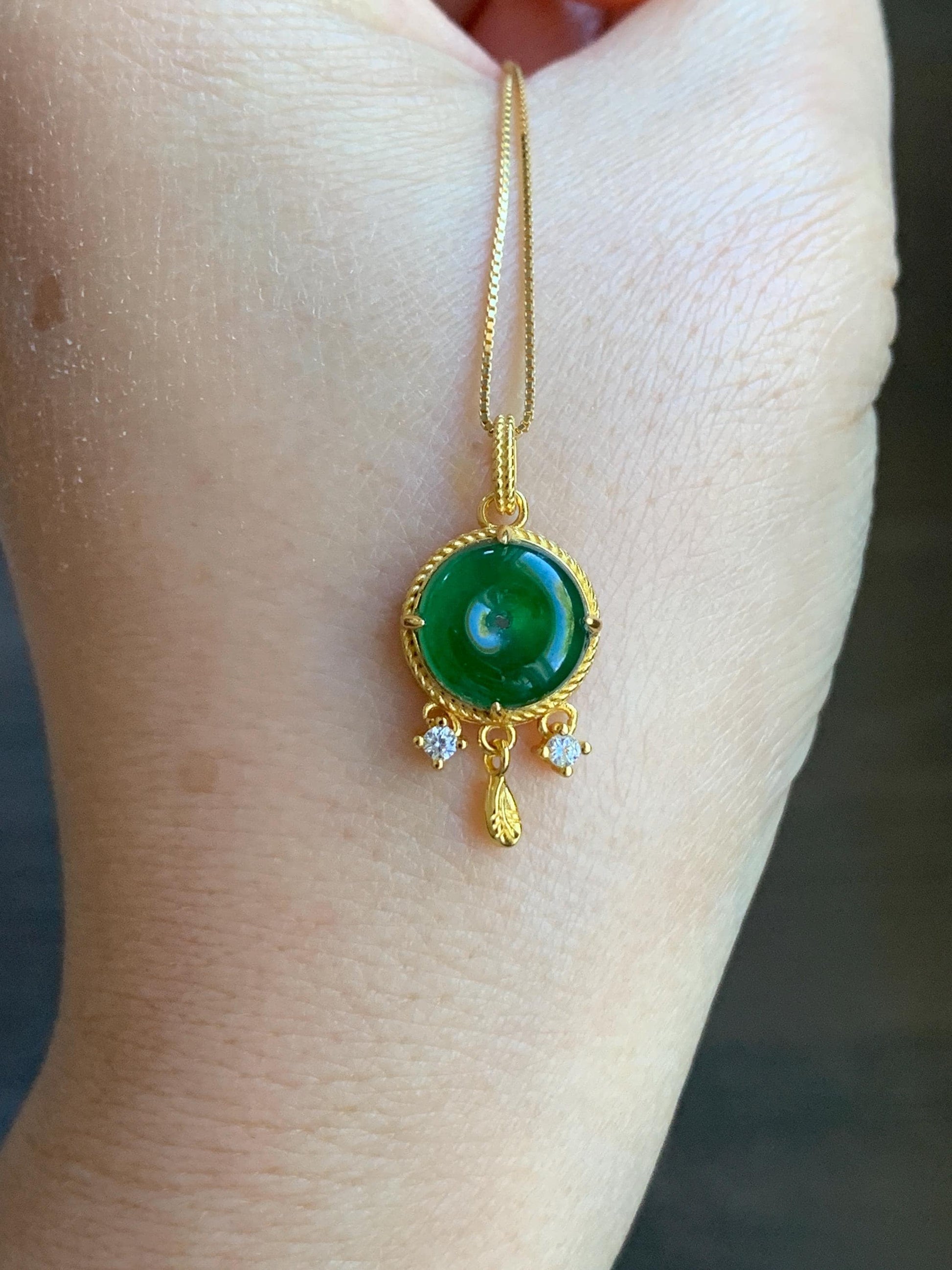 Natural Guatemalan Icy Highly Translucent Vibrant Green Jadeite Ping An Kou Donut Pendant Sterling Silver Yellow Gold Overlay 天然冰危绿翡翠平安扣银镶吊坠