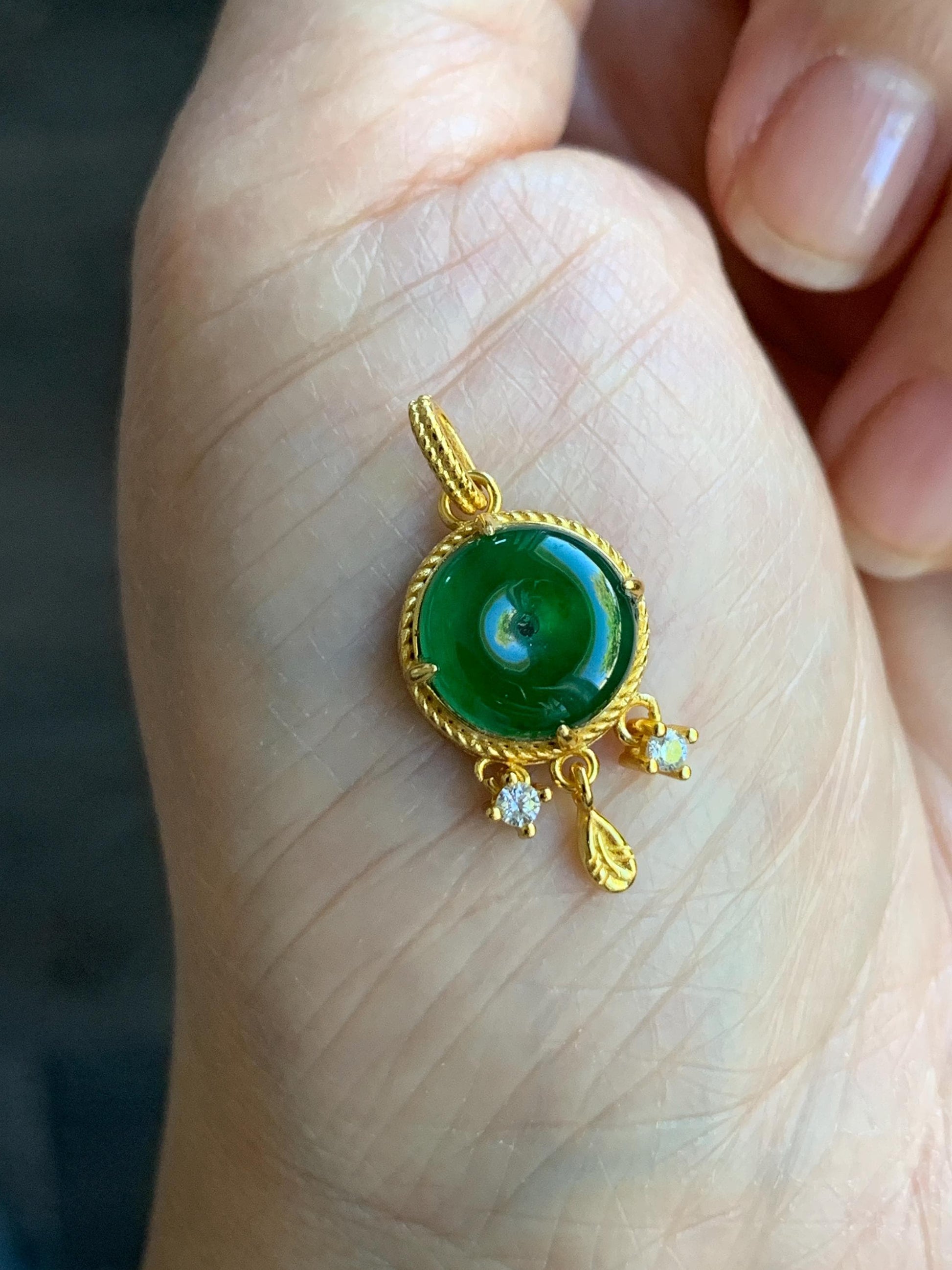 Natural Guatemalan Icy Highly Translucent Vibrant Green Jadeite Ping An Kou Donut Pendant Sterling Silver Yellow Gold Overlay 天然冰危绿翡翠平安扣银镶吊坠