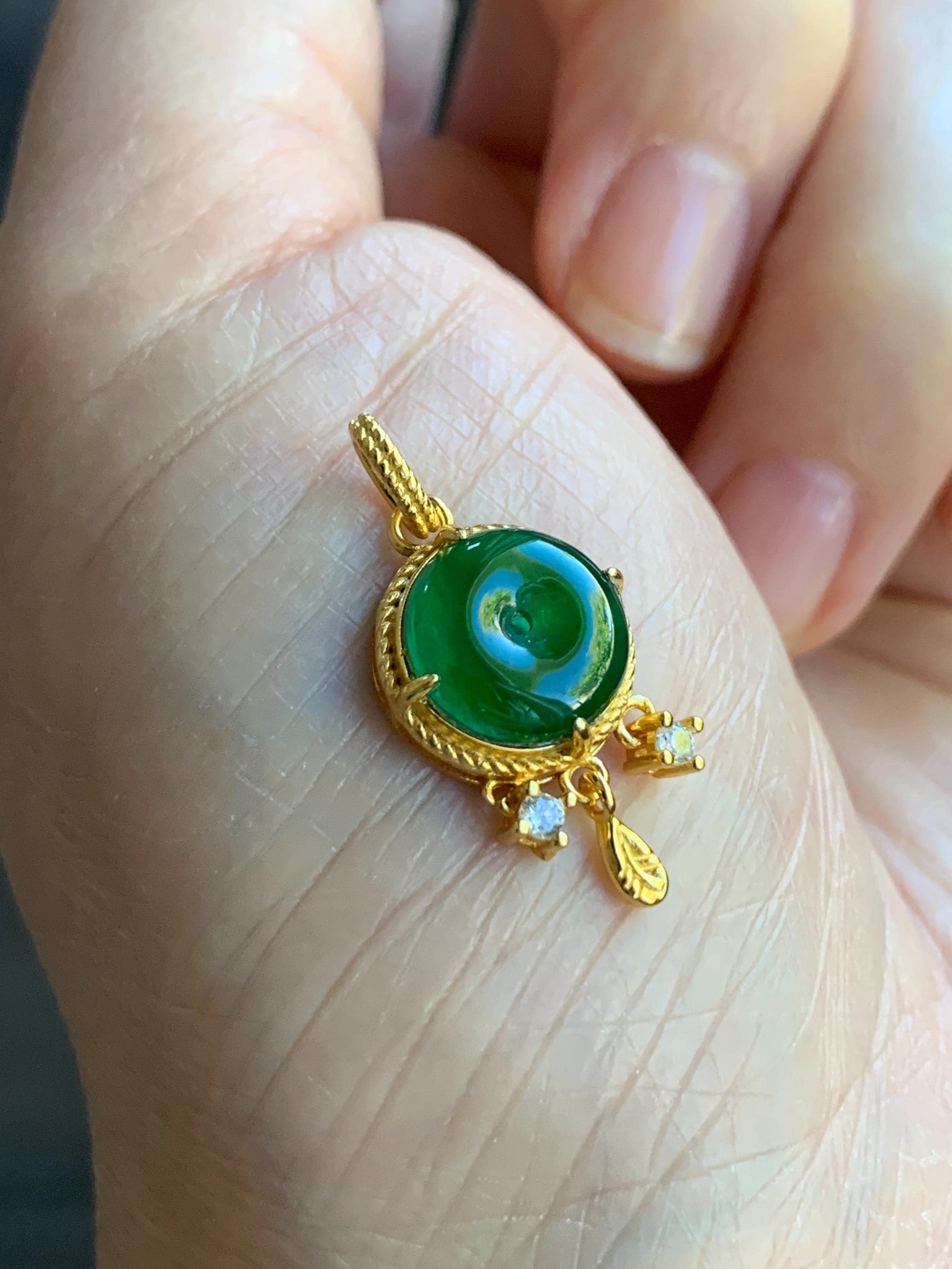 Natural Guatemalan Icy Highly Translucent Vibrant Green Jadeite Ping An Kou Donut Pendant Sterling Silver Yellow Gold Overlay 天然冰危绿翡翠平安扣银镶吊坠