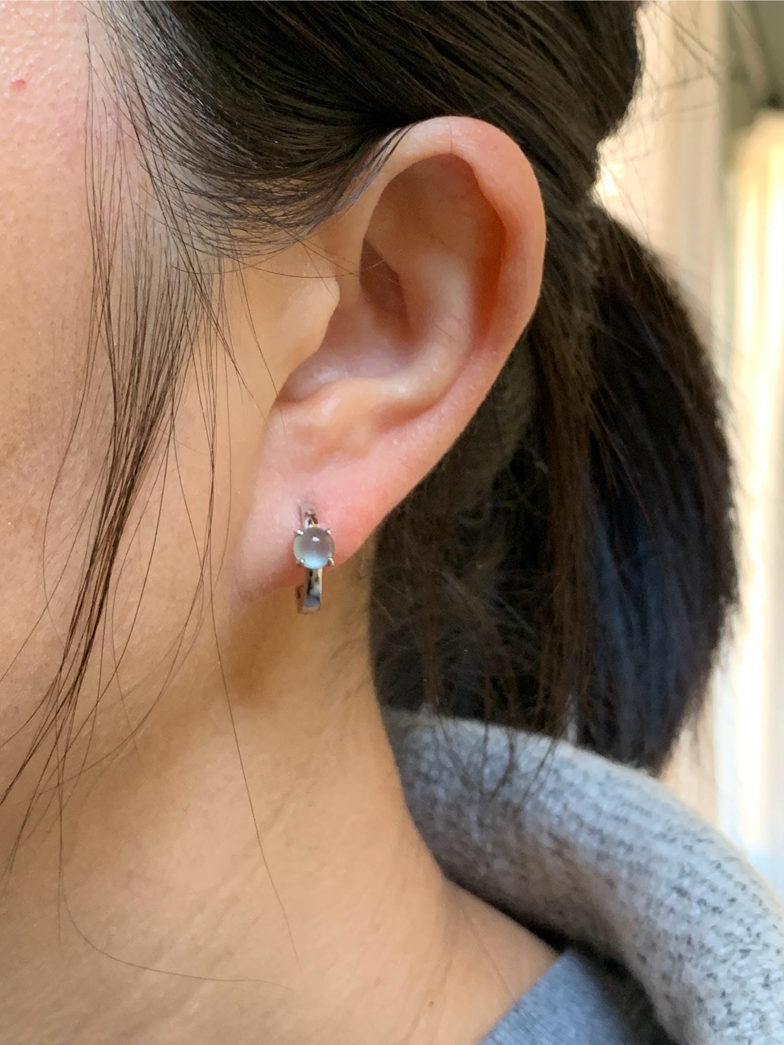 Natural Guatemalan Icy Highly Translucent Light Blue Jadeite Hoop Huggie Earrings S925 Sterling Silver 天然冰危起光淡蓝翡翠银镶耳包