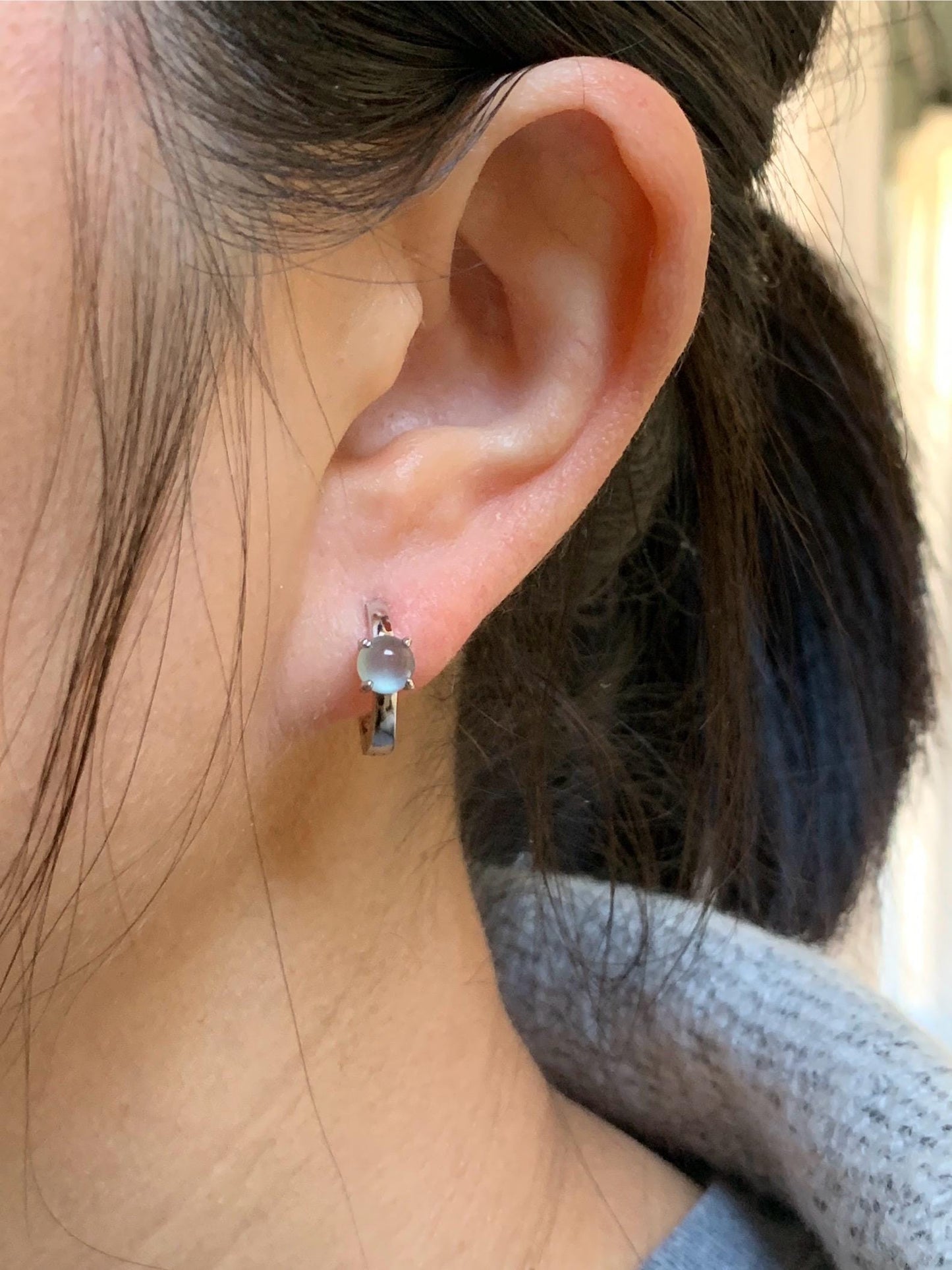 Natural Guatemalan Icy Highly Translucent Light Blue Jadeite Hoop Huggie Earrings S925 Sterling Silver 天然冰危起光淡蓝翡翠银镶耳包