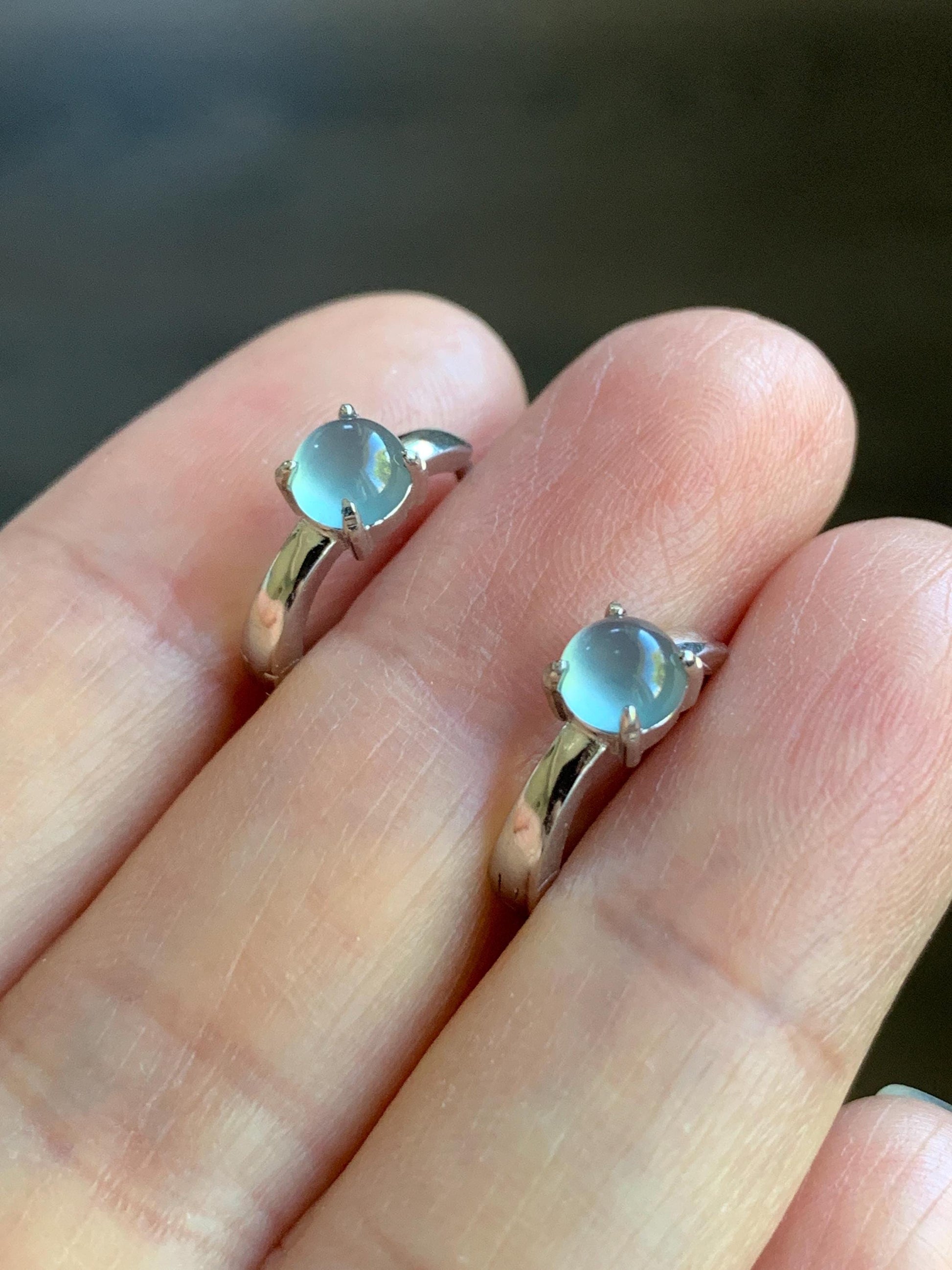 Natural Guatemalan Icy Highly Translucent Light Blue Jadeite Hoop Huggie Earrings S925 Sterling Silver 天然冰危起光淡蓝翡翠银镶耳包