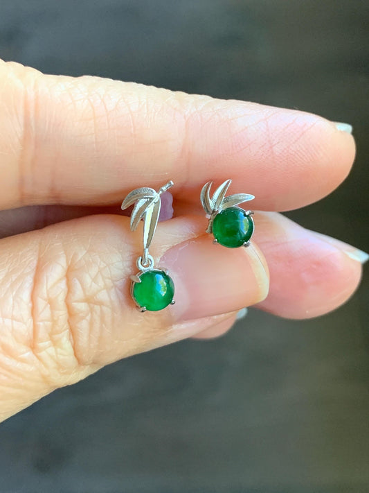 Natural Guatemalan Icy Highly Translucent Vibrant Green Jadeite Bamboo Leaf AB Design Stud Earrings Sterling Silver 天然冰危绿翡翠竹节AB款银镶耳钉