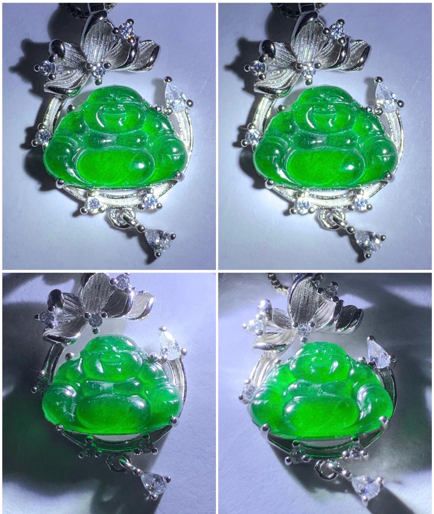 Petite Natural Guatemalan Icy Translucent Vibrant Green Jadeite Carved Buddha Pendant Sterling Silver 天然冰危绿翡翠佛公镶嵌吊坠 LFG910