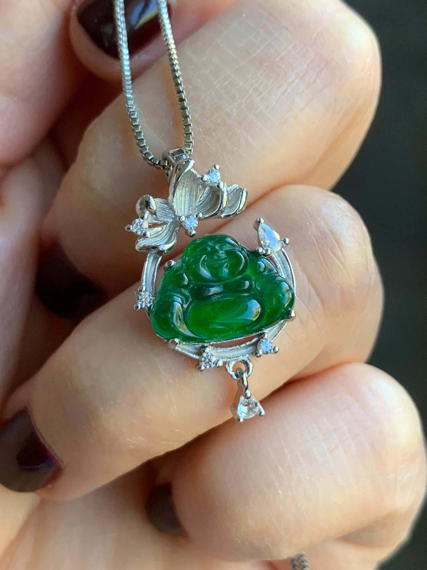 Petite Natural Guatemalan Icy Translucent Vibrant Green Jadeite Carved Buddha Pendant Sterling Silver 天然冰危绿翡翠佛公镶嵌吊坠 LFG910