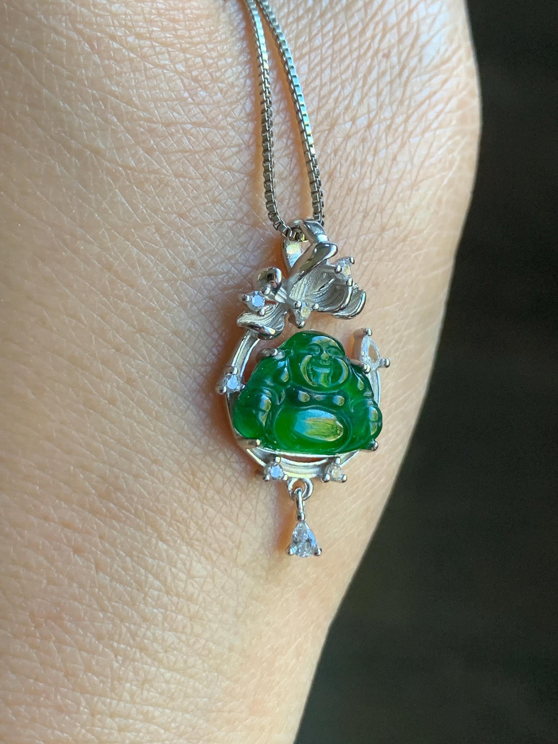 Petite Natural Guatemalan Icy Translucent Vibrant Green Jadeite Carved Buddha Pendant Sterling Silver 天然冰危绿翡翠佛公镶嵌吊坠 LFG910