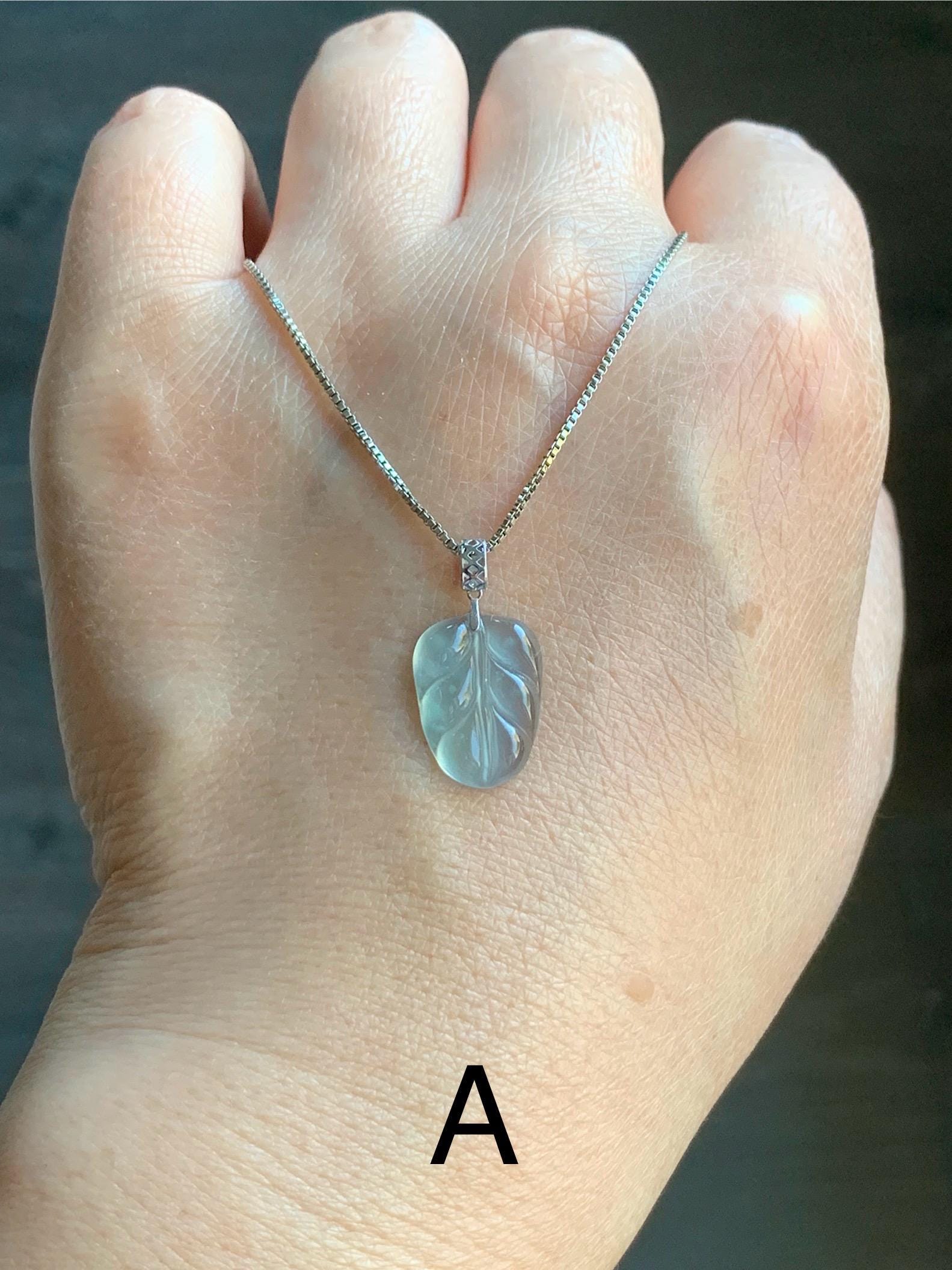 Petite Natural Guatemalan Premium Icy Highly Translucent Pale Blue Jadeite Leaf Pendant 18K White Gold 天然老种高冰危淡蓝翡翠叶子大业有成镶嵌吊坠 YDY712