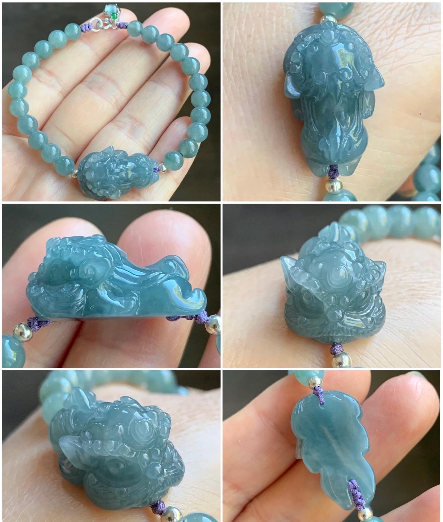 Natural Guatemalan Icy Translucent Light Dusty Blue Jadeite Carved Dancing Lion Beaded Bracelet Sterling Silver 6.75” 天然冰胶危浅蓝翡翠精工摆烂小醒狮手串