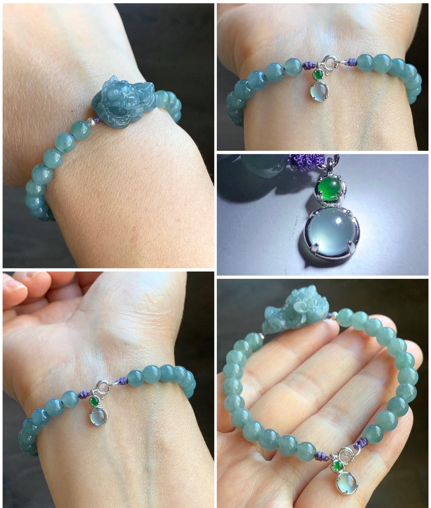 Natural Guatemalan Icy Translucent Light Dusty Blue Jadeite Carved Dancing Lion Beaded Bracelet Sterling Silver 6.75” 天然冰胶危浅蓝翡翠精工摆烂小醒狮手串