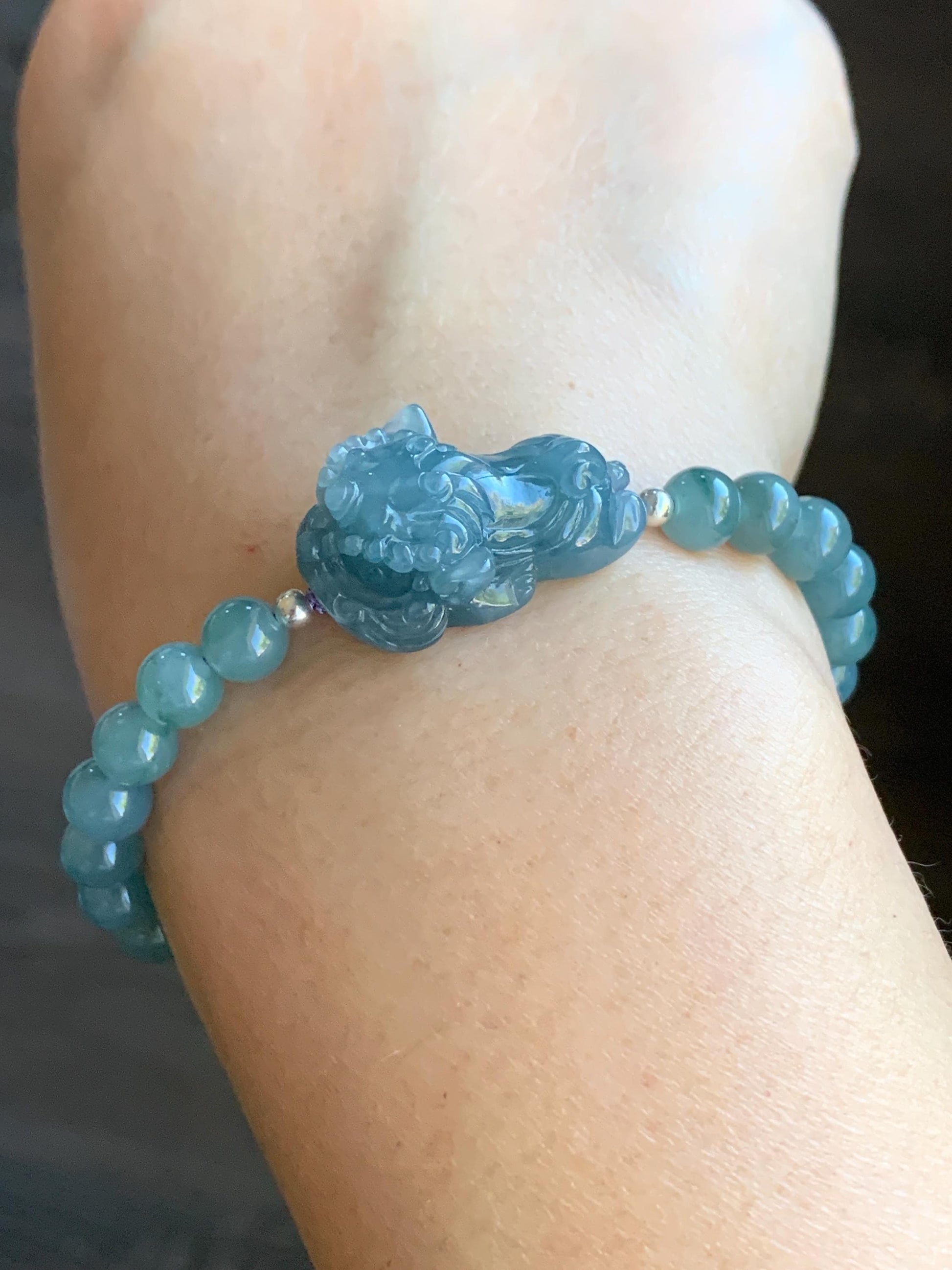 Natural Guatemalan Icy Translucent Light Dusty Blue Jadeite Carved Dancing Lion Beaded Bracelet Sterling Silver 6.75” 天然冰胶危浅蓝翡翠精工摆烂小醒狮手串