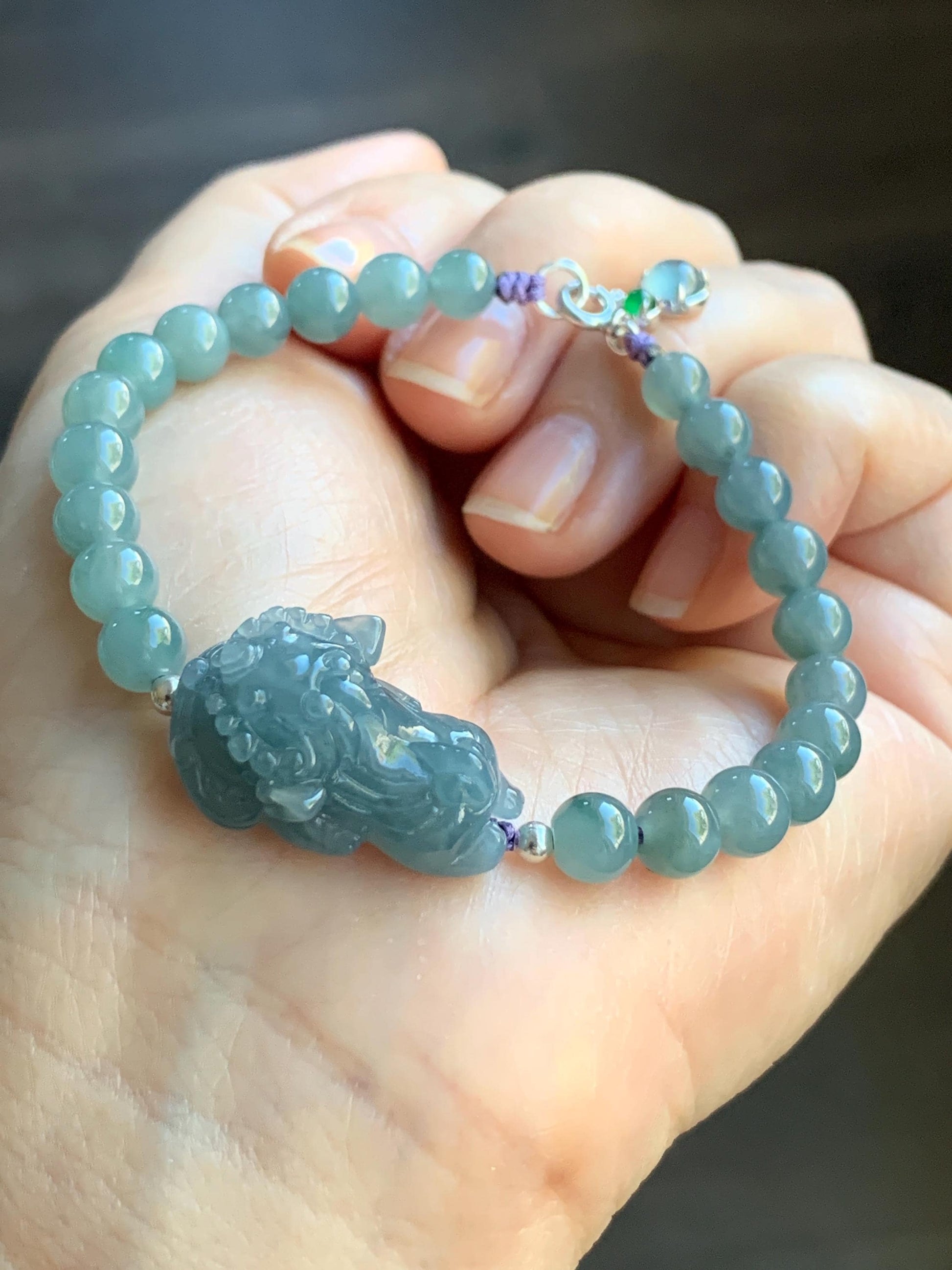 Natural Guatemalan Icy Translucent Light Dusty Blue Jadeite Carved Dancing Lion Beaded Bracelet Sterling Silver 6.75” 天然冰胶危浅蓝翡翠精工摆烂小醒狮手串