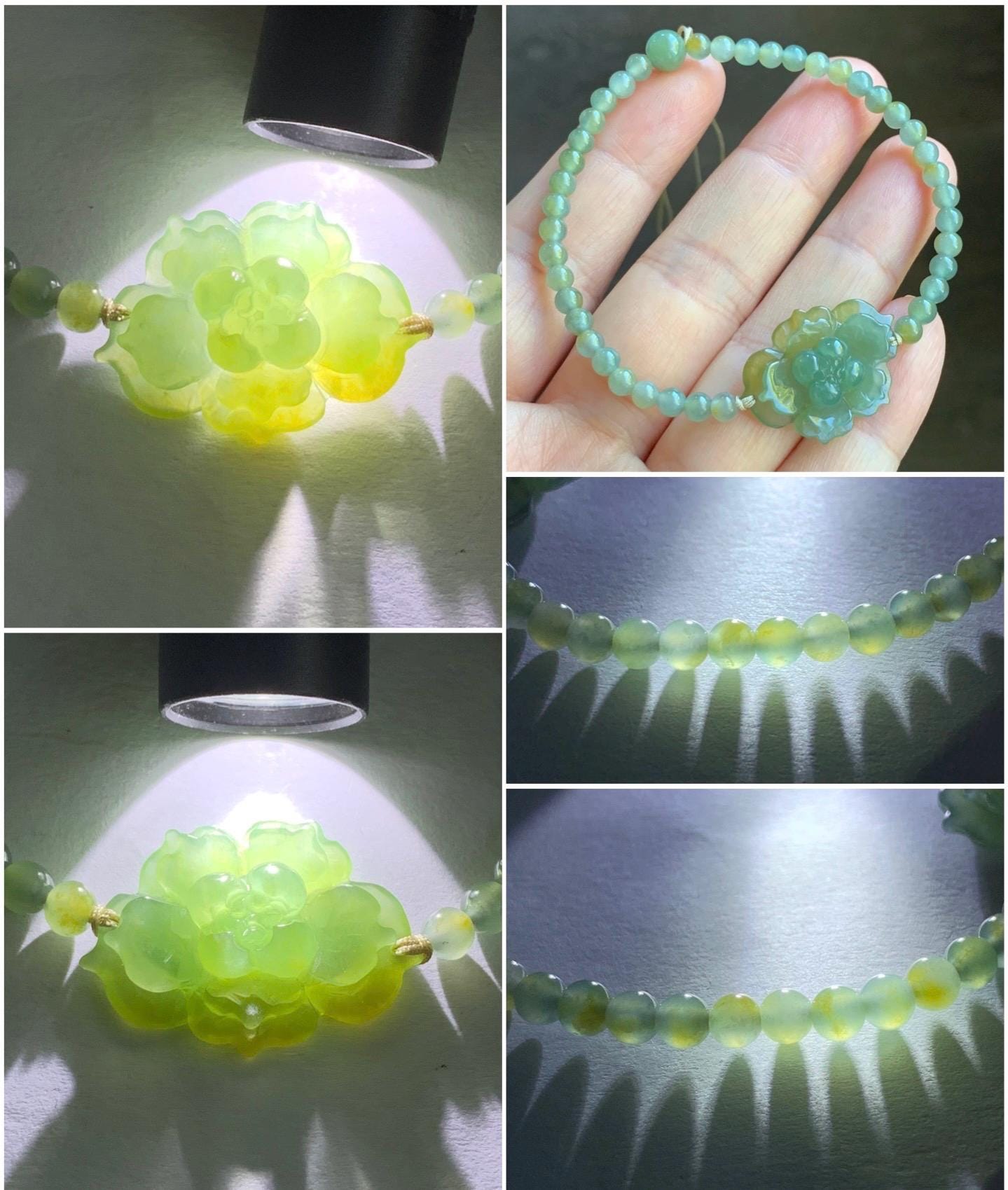 Natural Guatemalan Icy Translucent Yellow Dusty Teal Blue Marbled Jadeite Lotus Flower Petite Beads Beaded Bracelet 6.75” 7g 天然冰危黄加蓝翡翠莲花圆珠手串