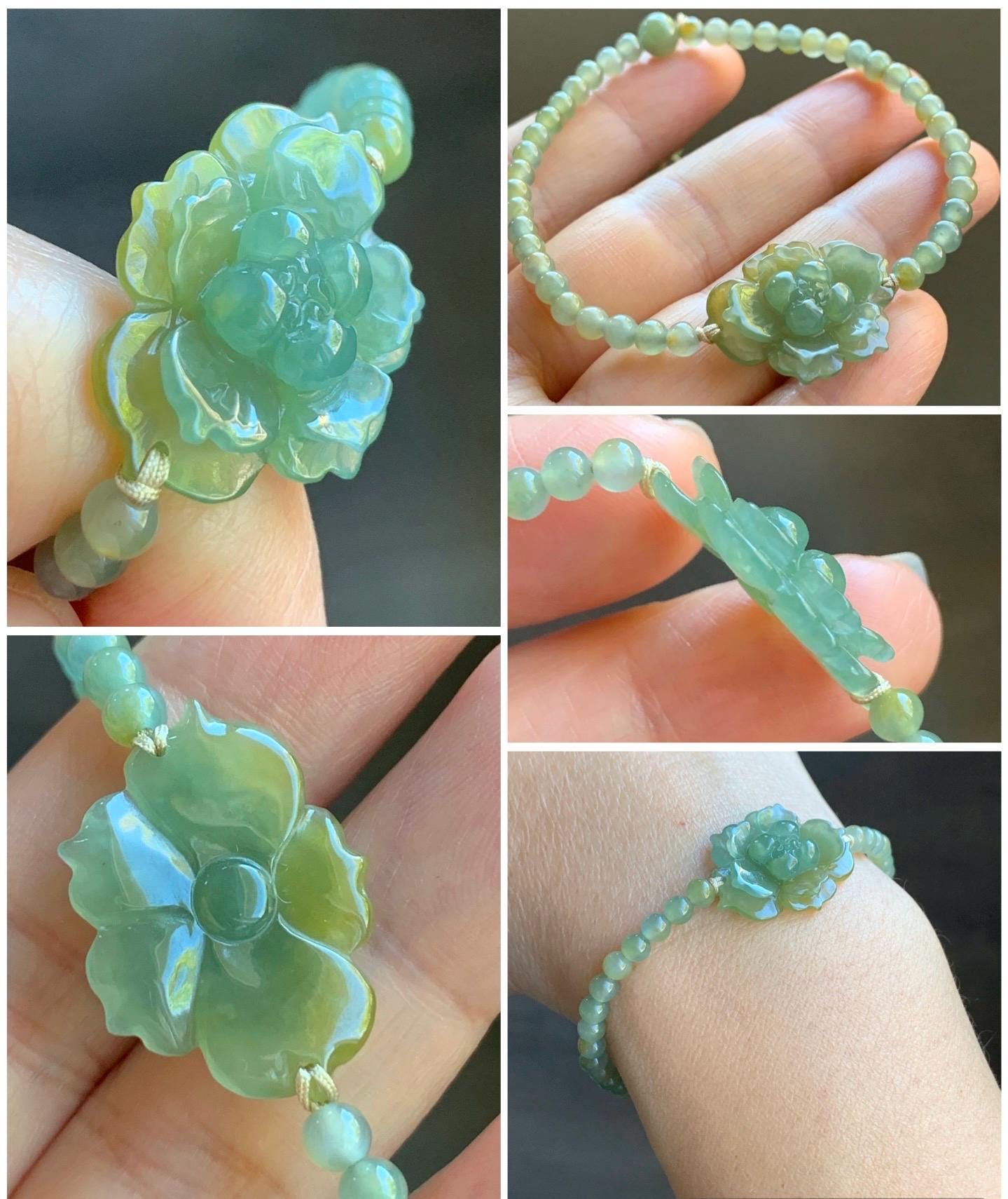 Natural Guatemalan Icy Translucent Yellow Dusty Teal Blue Marbled Jadeite Lotus Flower Petite Beads Beaded Bracelet 6.75” 7g 天然冰危黄加蓝翡翠莲花圆珠手串