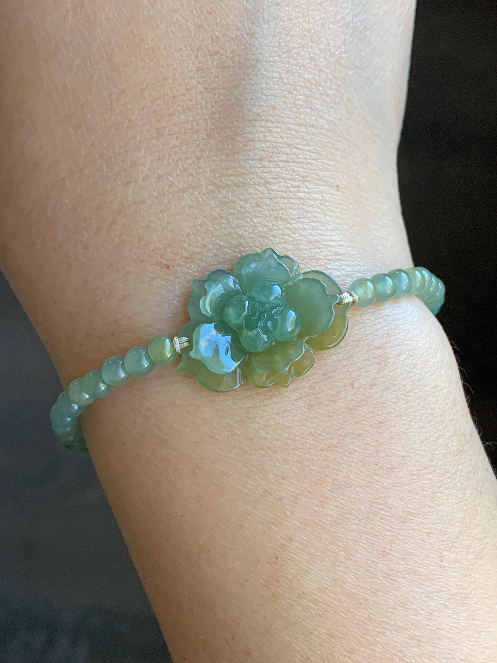 Natural Guatemalan Icy Translucent Yellow Dusty Teal Blue Marbled Jadeite Lotus Flower Petite Beads Beaded Bracelet 6.75” 7g 天然冰危黄加蓝翡翠莲花圆珠手串