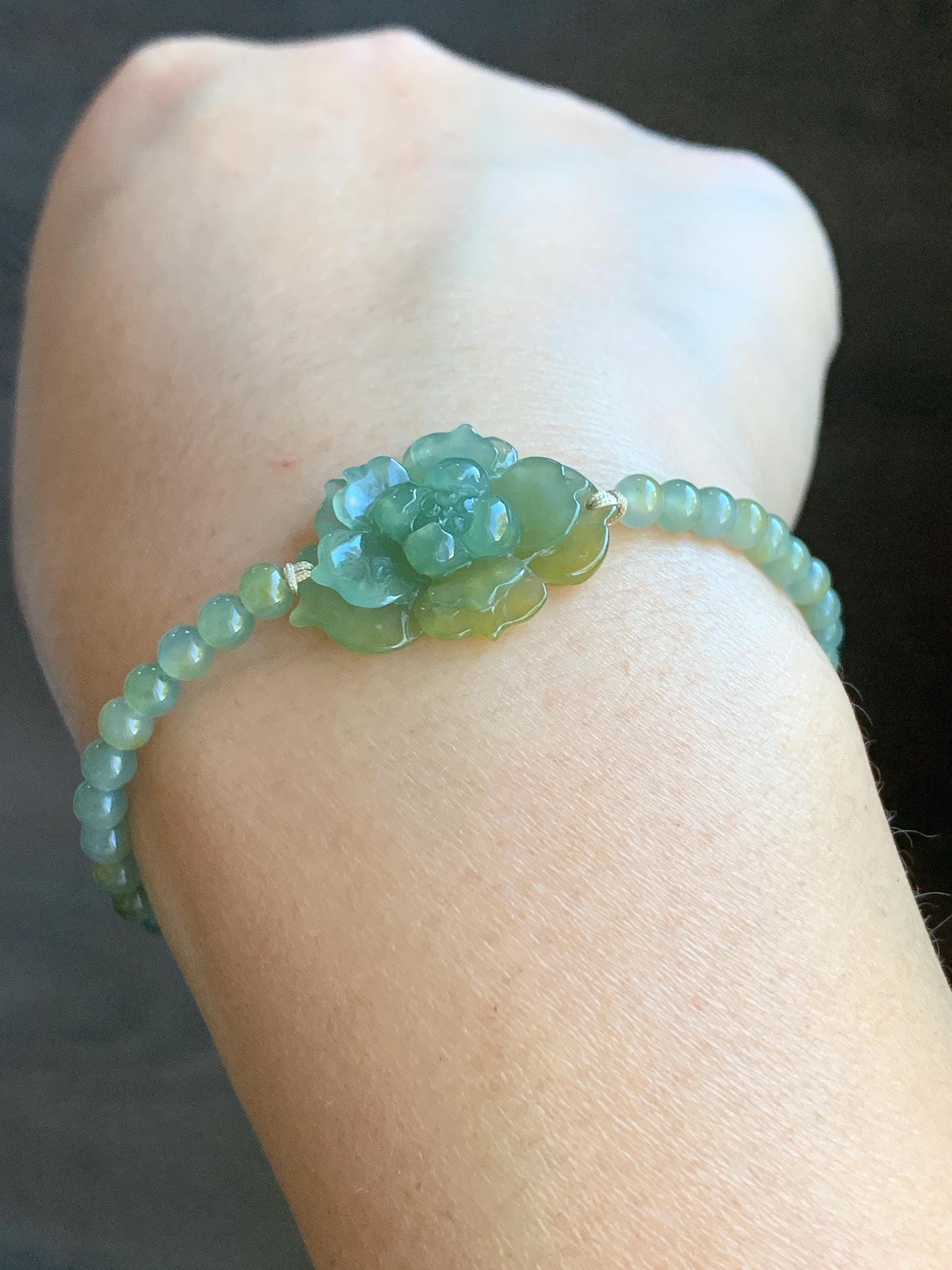 Natural Guatemalan Icy Translucent Yellow Dusty Teal Blue Marbled Jadeite Lotus Flower Petite Beads Beaded Bracelet 6.75” 7g 天然冰危黄加蓝翡翠莲花圆珠手串