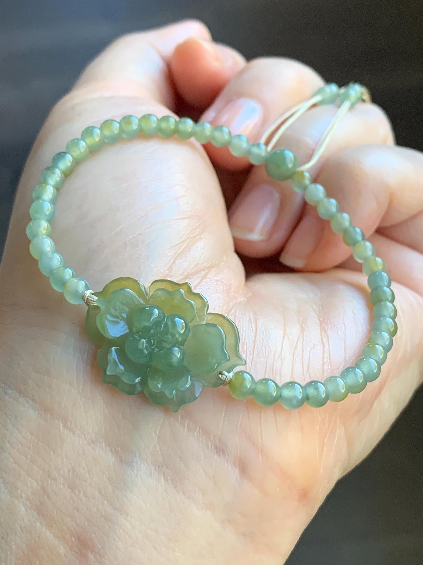 Natural Guatemalan Icy Translucent Yellow Dusty Teal Blue Marbled Jadeite Lotus Flower Petite Beads Beaded Bracelet 6.75” 7g 天然冰危黄加蓝翡翠莲花圆珠手串