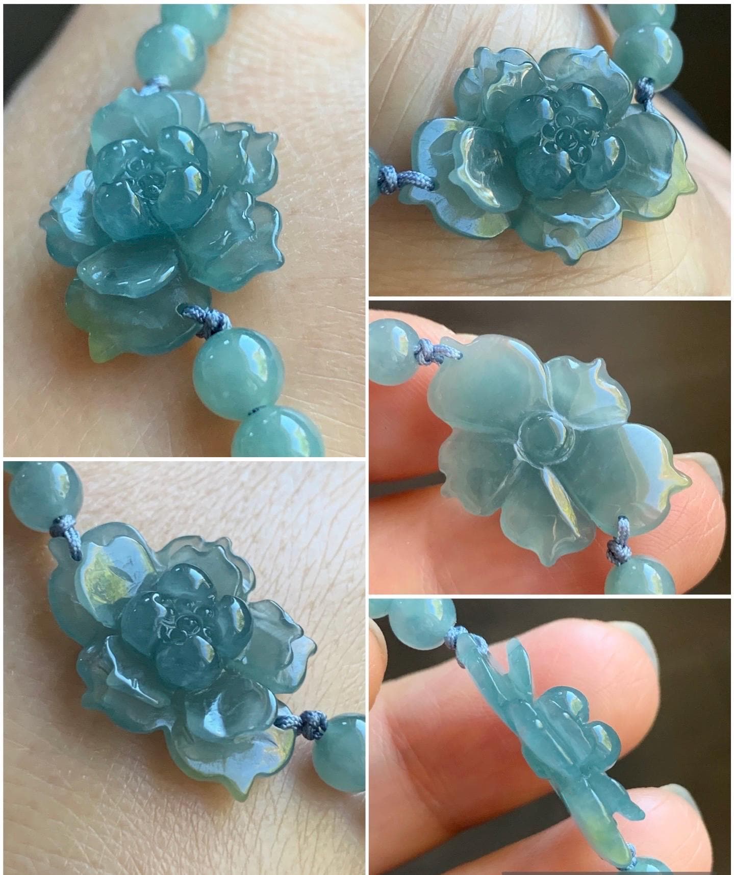 Certified Natural Burmese Icy Translucent Gelatinous Teal Blue Yellow Marbled Jadeite Lotus Flower Beaded Bracelet 7” 12g 天然冰危蓝翡翠莲花圆珠手串