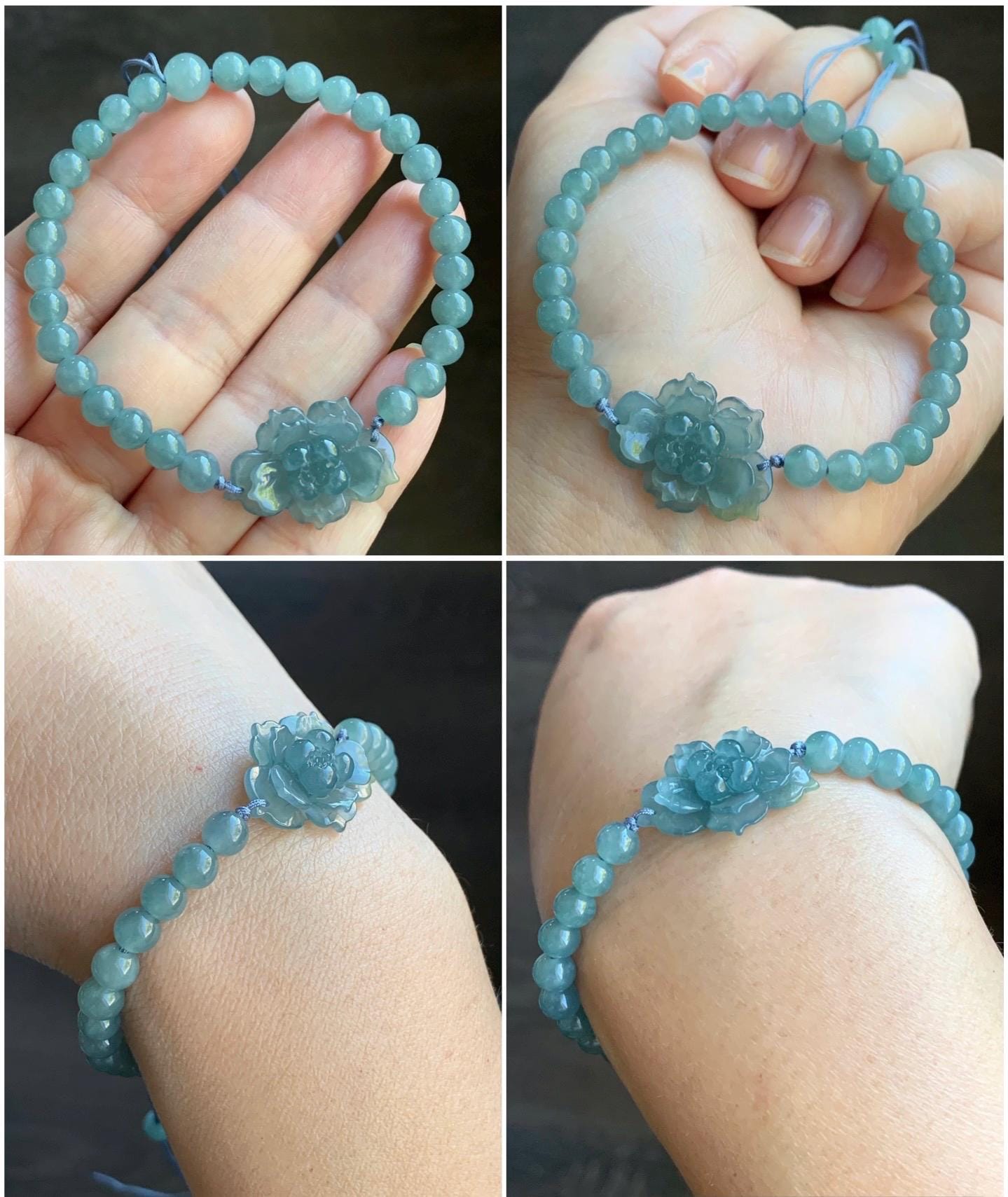 Certified Natural Burmese Icy Translucent Gelatinous Teal Blue Yellow Marbled Jadeite Lotus Flower Beaded Bracelet 7” 12g 天然冰危蓝翡翠莲花圆珠手串
