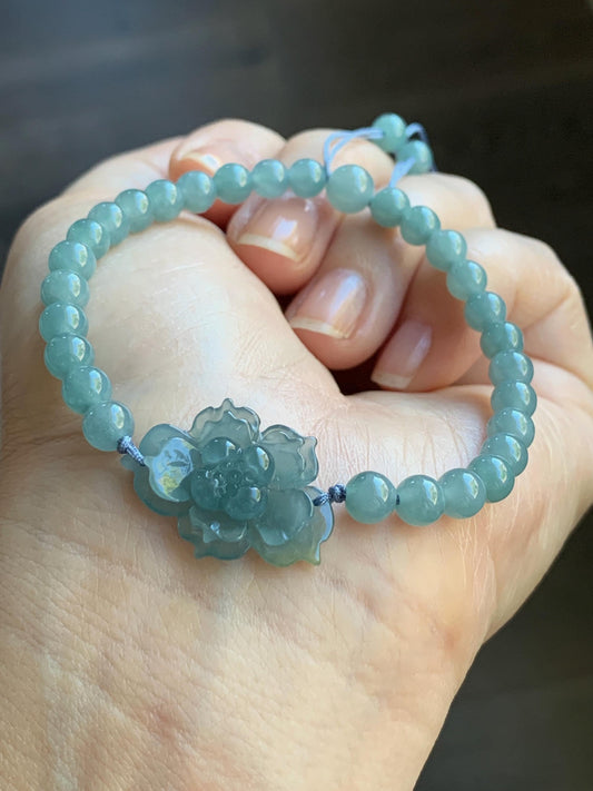 Certified Natural Burmese Icy Translucent Gelatinous Teal Blue Yellow Marbled Jadeite Lotus Flower Beaded Bracelet 7” 12g 天然冰危蓝翡翠莲花圆珠手串