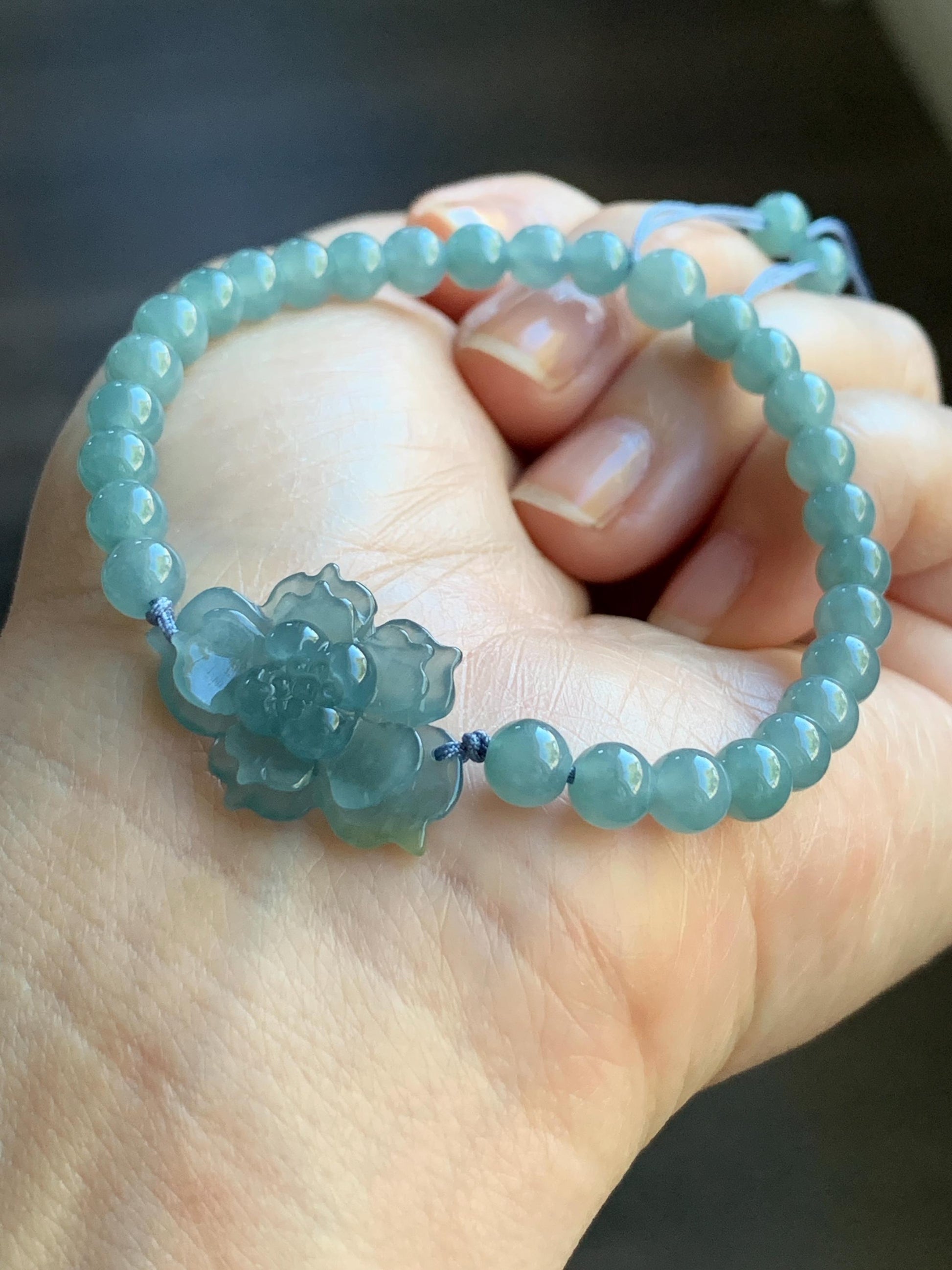 Certified Natural Burmese Icy Translucent Gelatinous Teal Blue Yellow Marbled Jadeite Lotus Flower Beaded Bracelet 7” 12g 天然冰危蓝翡翠莲花圆珠手串