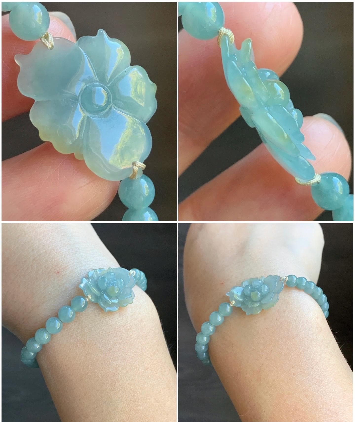Natural Guatemalan Icy Translucent Gelatinous Light Dusty Blue Yellow Marbled Jadeite Lotus Flower Beaded Bracelet 6.75” 天然冰危淡蓝加黄翡翠莲花淡蓝珠手串