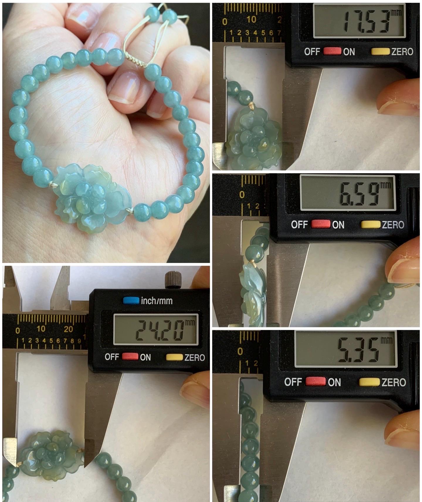 Natural Guatemalan Icy Translucent Gelatinous Light Dusty Blue Yellow Marbled Jadeite Lotus Flower Beaded Bracelet 6.75” 天然冰危淡蓝加黄翡翠莲花淡蓝珠手串