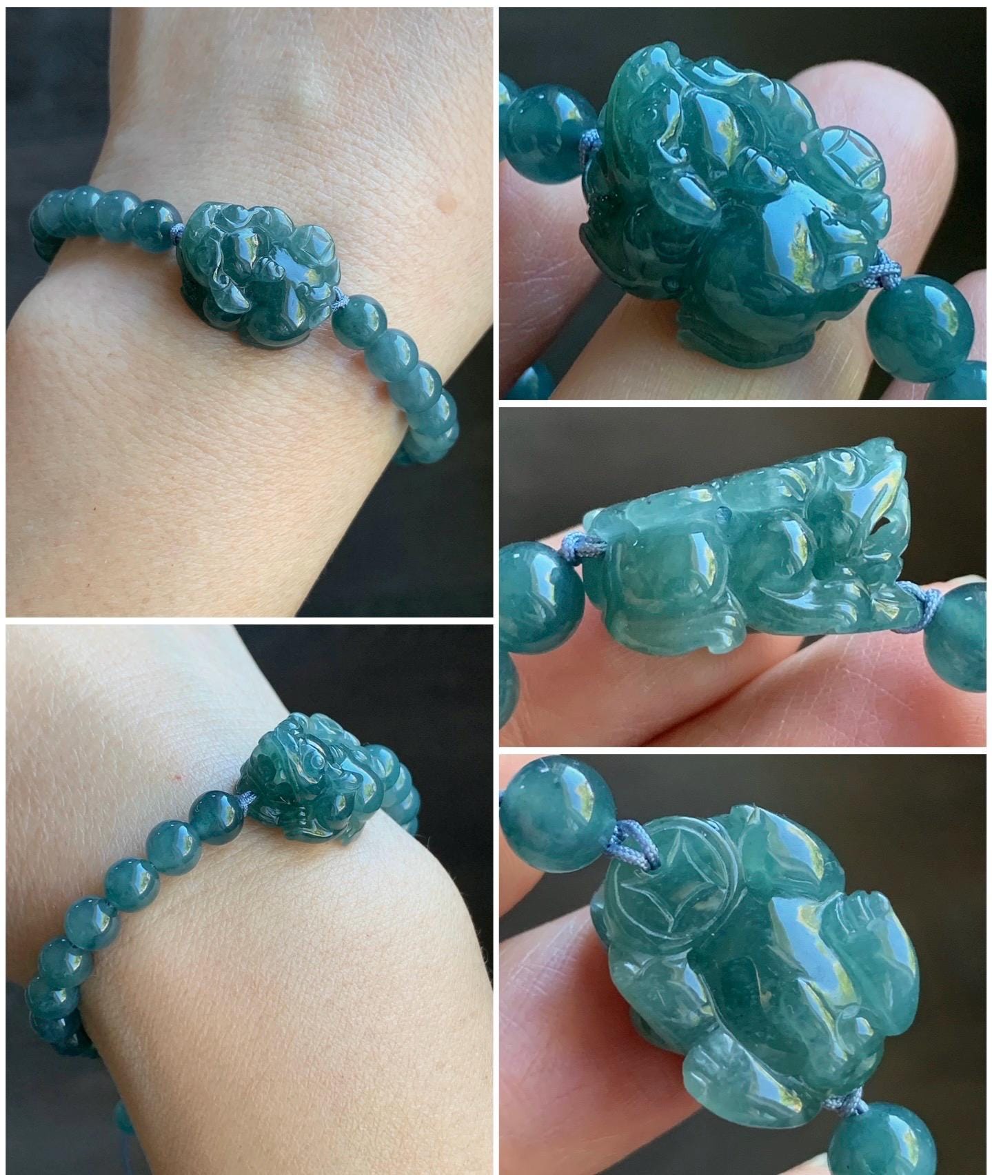 Natural Guatemalan Icy Translucent Gelatinous Dark Teal Green Teal Blue Jadeite Pixiu Beaded Bracelet 6.5mm 6.75” 16g 天然冰危蓝翡翠貔貅圆珠手串