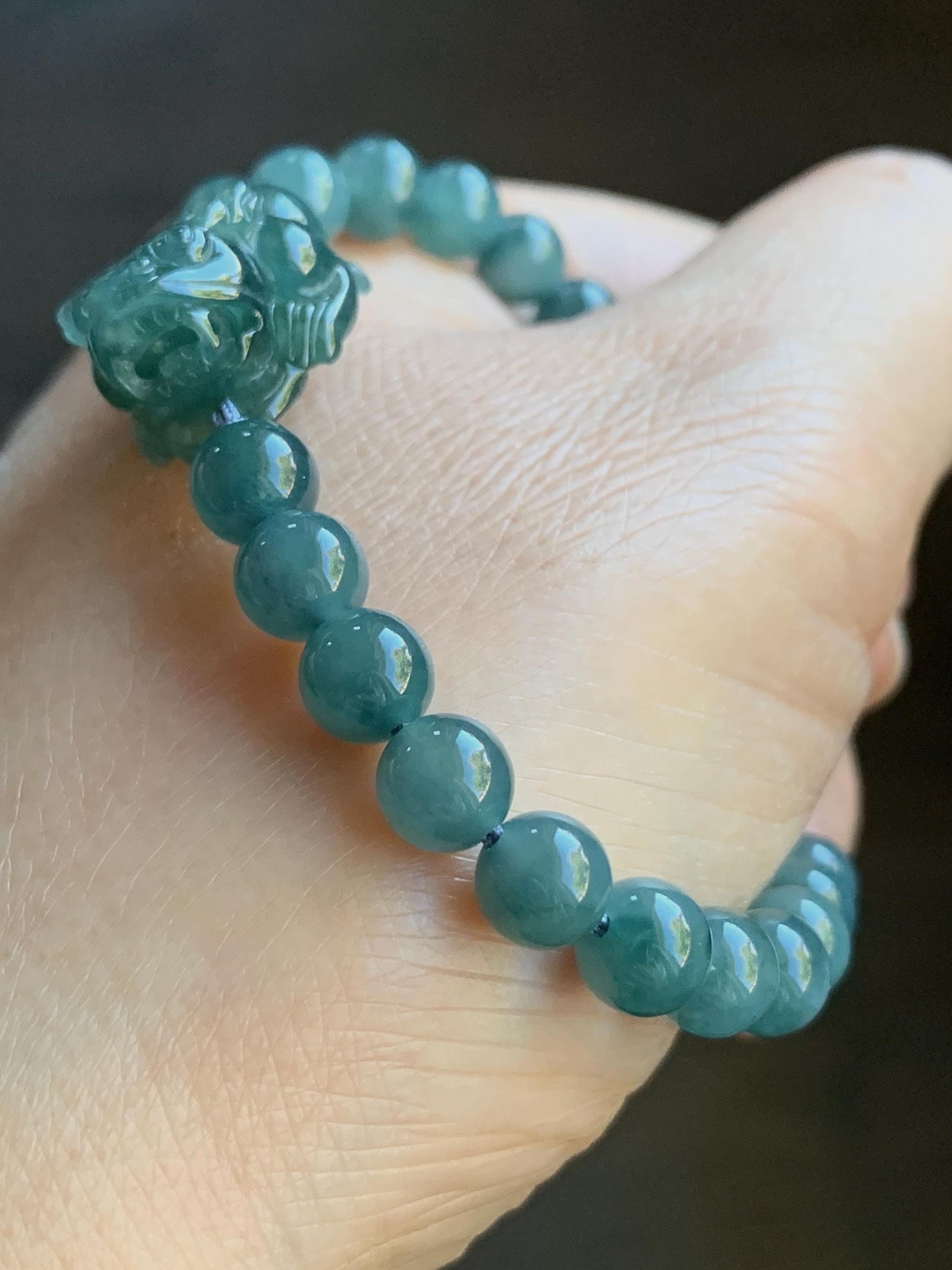 Natural Guatemalan Icy Translucent Gelatinous Dark Teal Green Teal Blue Jadeite Pixiu Beaded Bracelet 6.5mm 6.75” 16g 天然冰危蓝翡翠貔貅圆珠手串