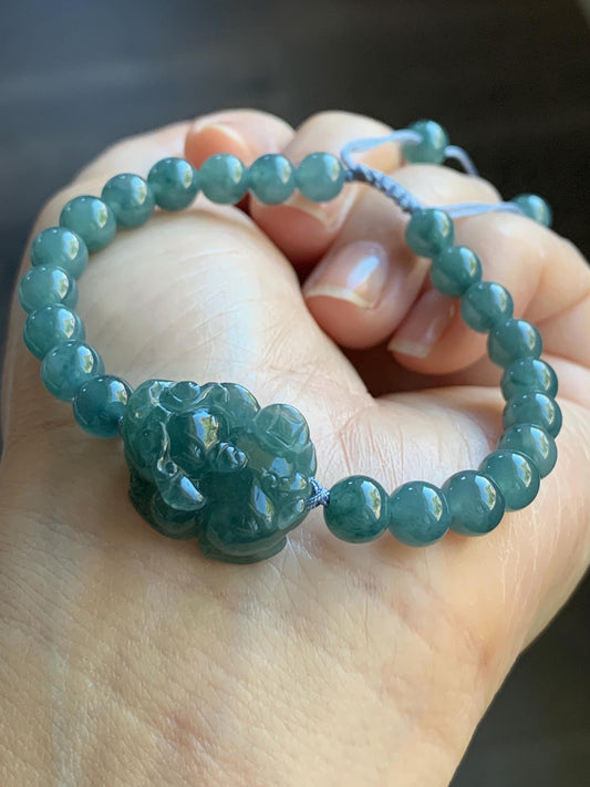 Natural Guatemalan Icy Translucent Gelatinous Dark Teal Green Teal Blue Jadeite Pixiu Beaded Bracelet 6.5mm 6.75” 16g 天然冰危蓝翡翠貔貅圆珠手串