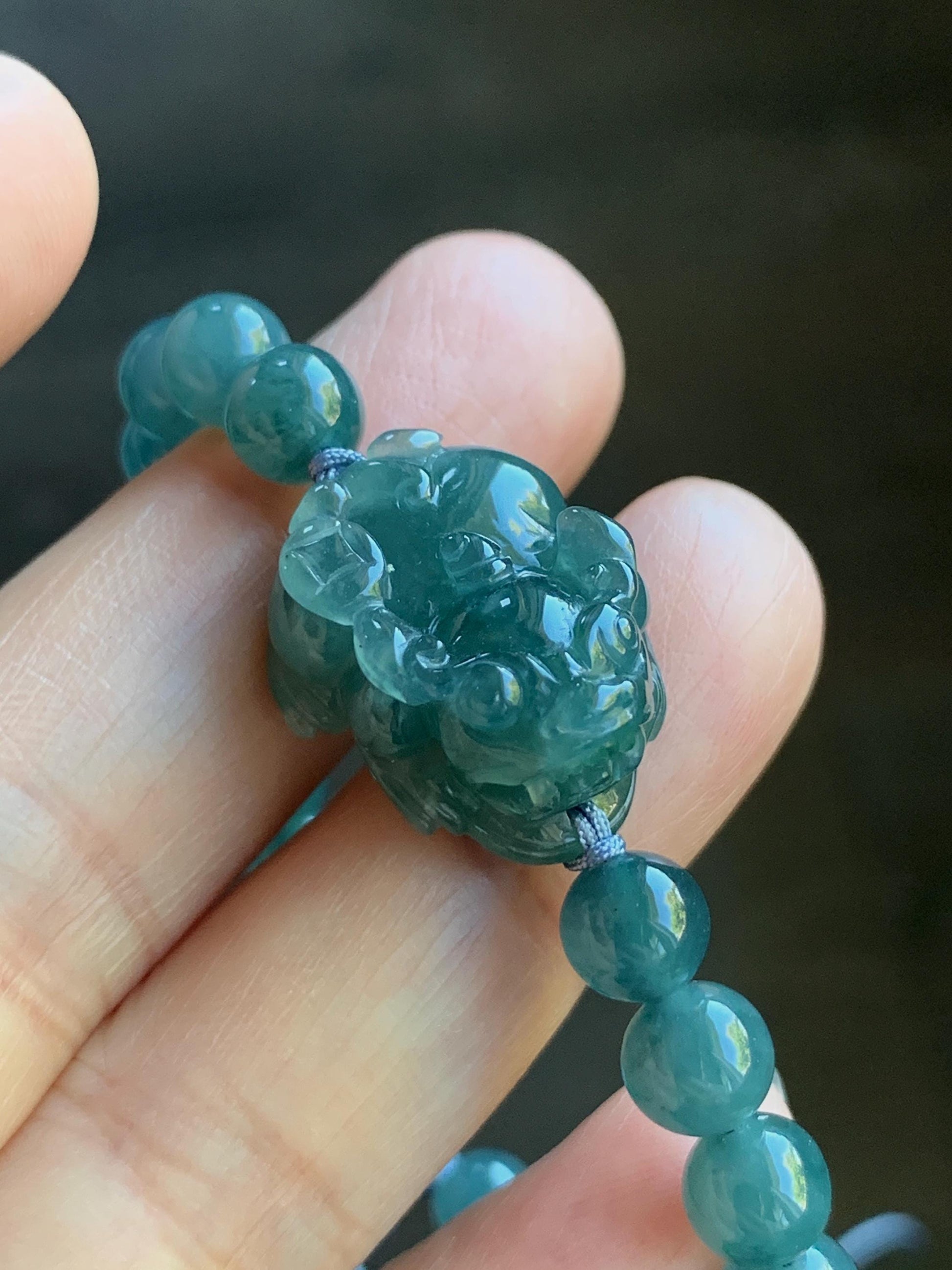 Natural Guatemalan Icy Translucent Gelatinous Dark Teal Green Teal Blue Jadeite Pixiu Beaded Bracelet 6.5mm 6.75” 16g 天然冰危蓝翡翠貔貅圆珠手串