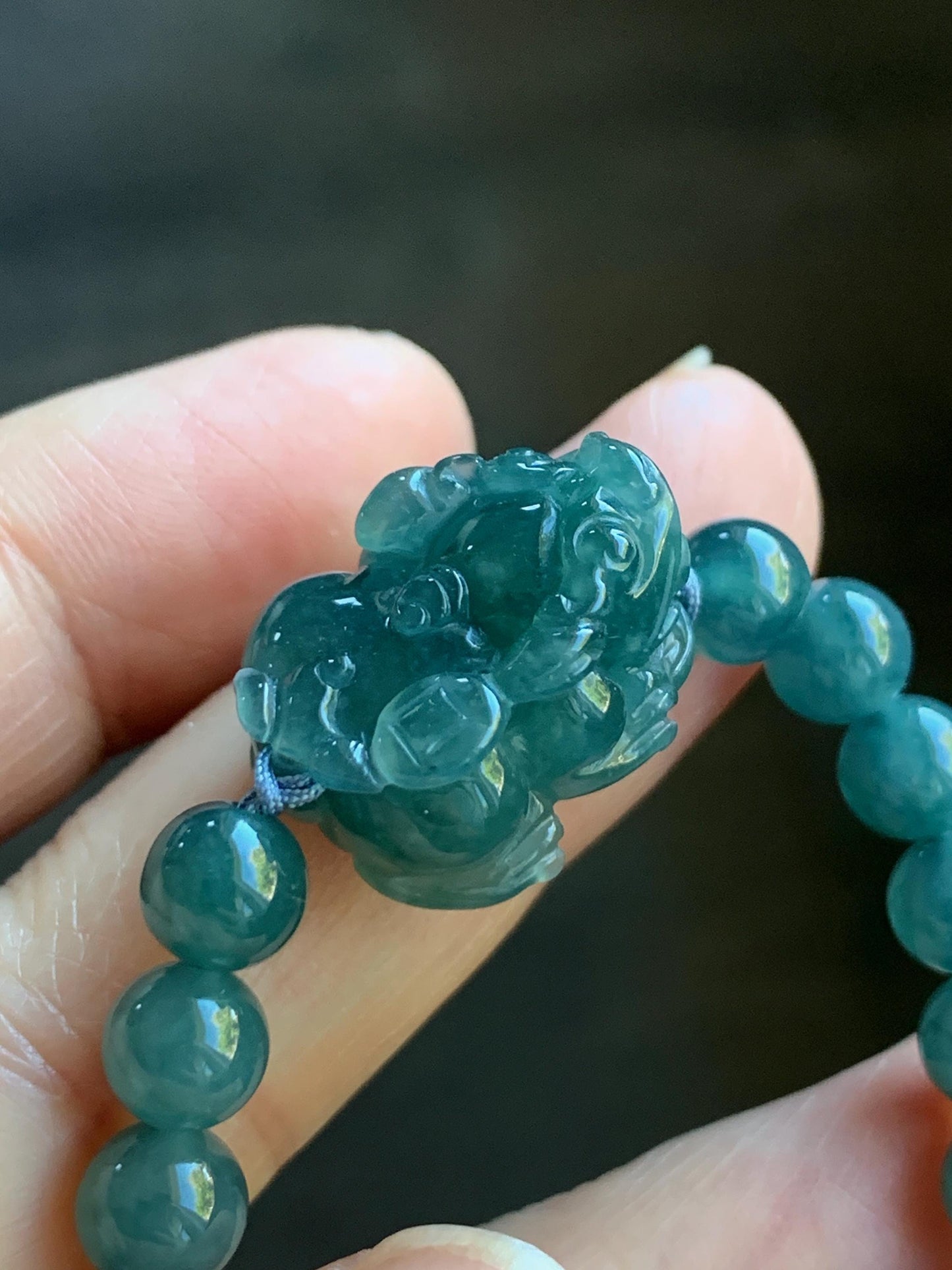 Natural Guatemalan Icy Translucent Gelatinous Dark Teal Green Teal Blue Jadeite Pixiu Beaded Bracelet 6.5mm 6.75” 16g 天然冰危蓝翡翠貔貅圆珠手串