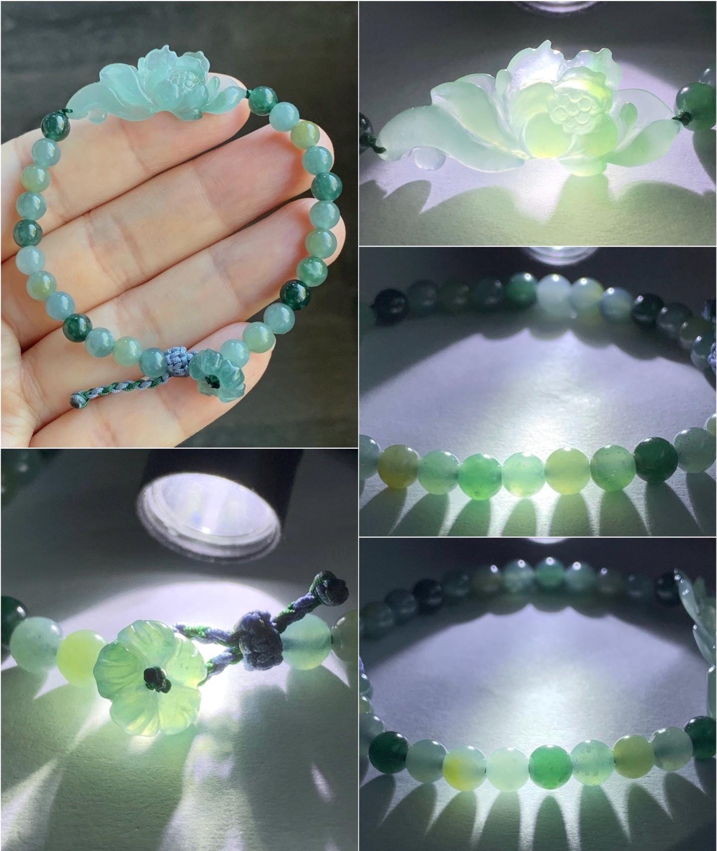 Natural Guatemalan Icy Highly Translucent Light Teal Green Jadeite Lotus Flower Multicolored Beads Beaded Bracelet 6.75” 9g 天然冰危晴色翡翠莲花多宝珠手串