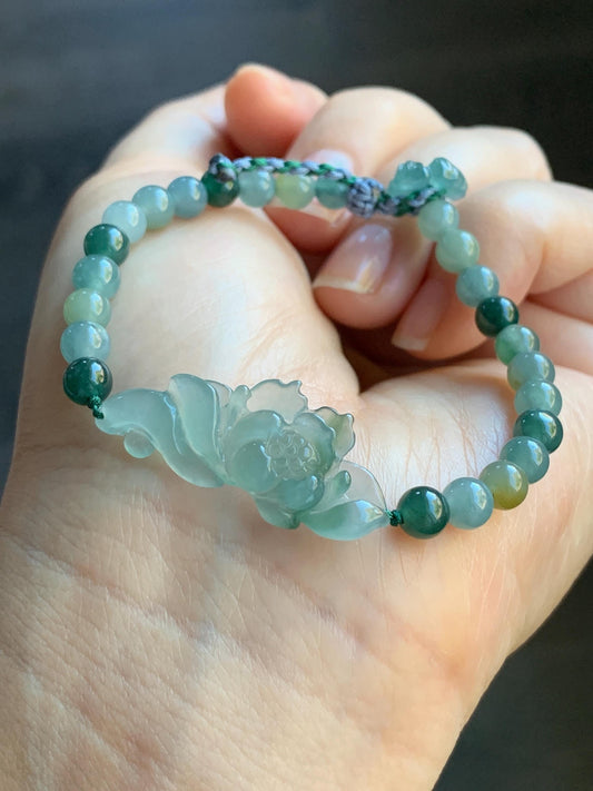 Natural Guatemalan Icy Highly Translucent Light Teal Green Jadeite Lotus Flower Multicolored Beads Beaded Bracelet 6.75” 9g 天然冰危晴色翡翠莲花多宝珠手串
