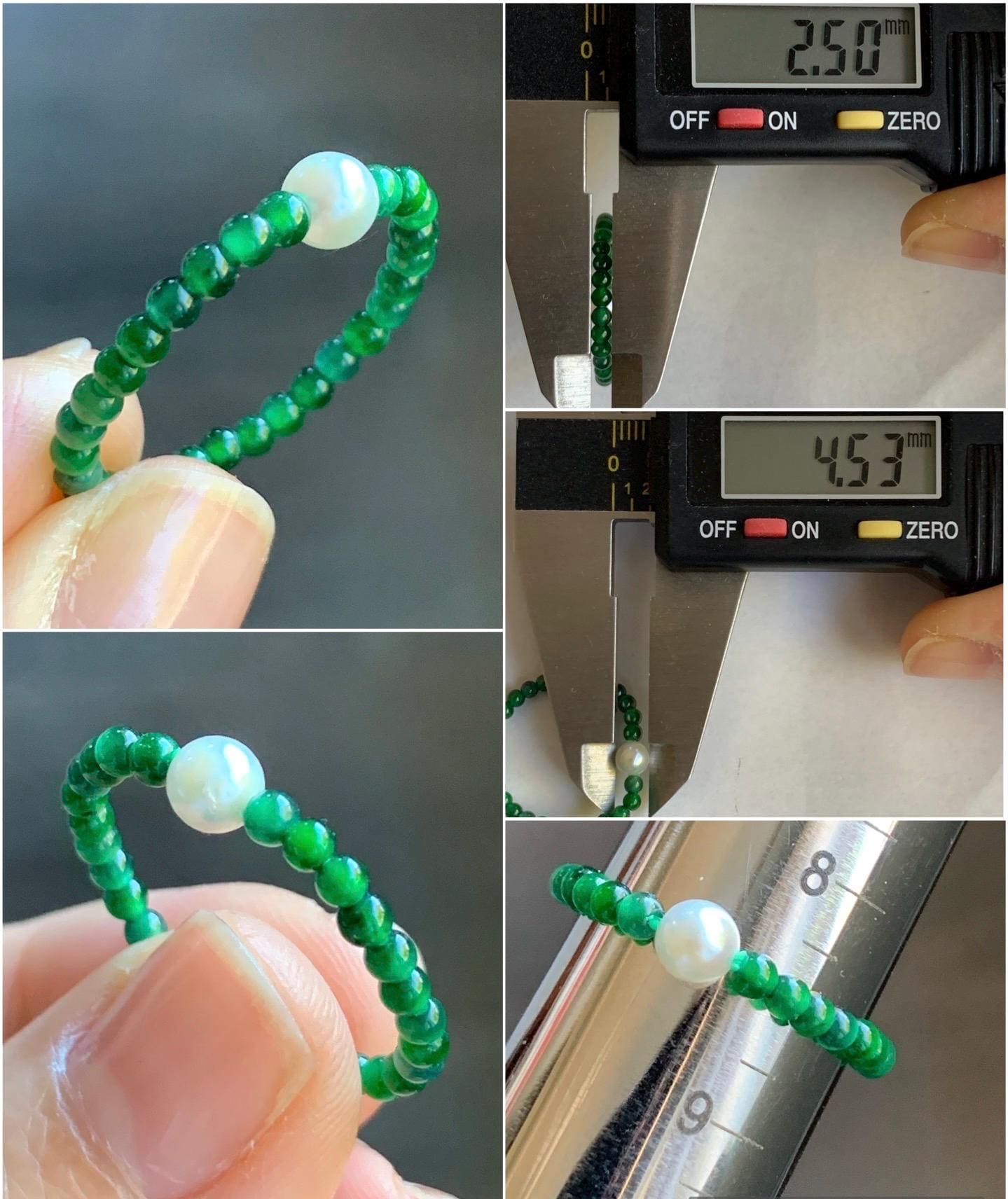 Natural Guatemalan Icy Translucent Vibrant Green Jadeite Petite Beads Natural Akoya Pearl Beaded Band Ring Size 8.5 US 天然冰危绿翡翠小珠天然日本海水珍珠戒圈