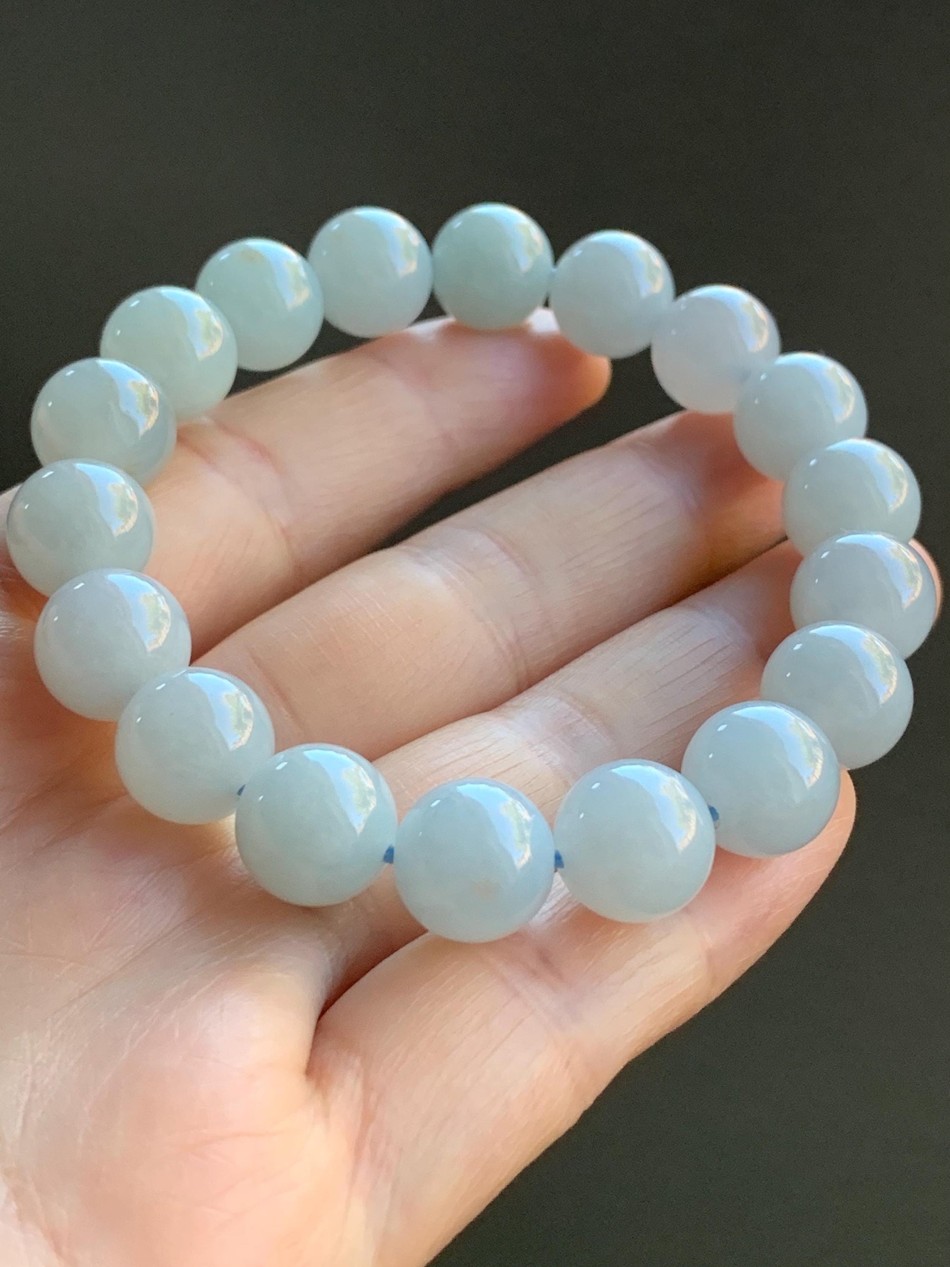 Certified Natural Burmese Icy Translucent Pale Blue Jadeite Large Beads Beaded Bracelet Stretchy 10.9mm 7.25” 40.79 天然缅甸冰胶淡蓝翡翠大卡手串 3008