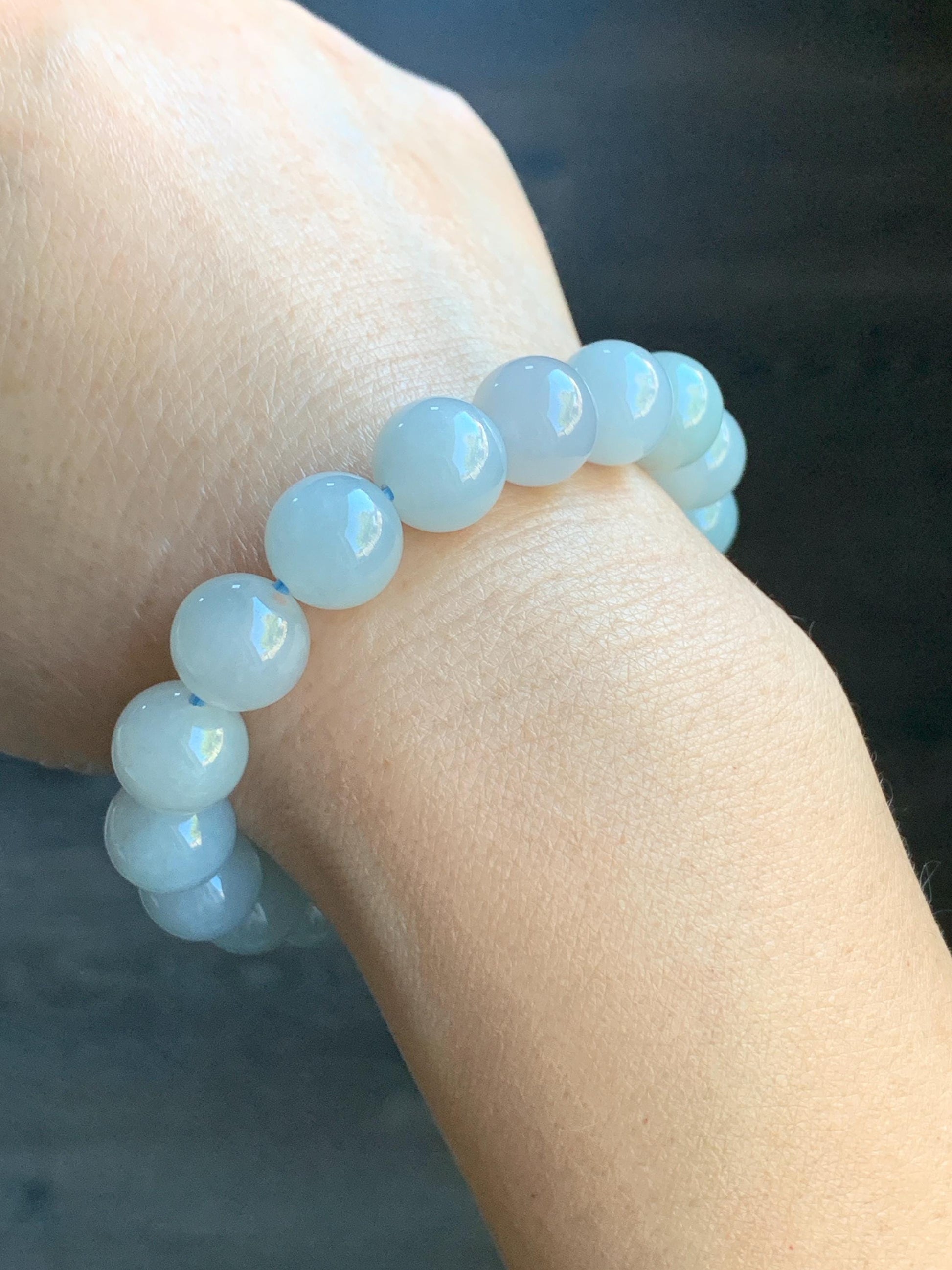 Certified Natural Burmese Icy Translucent Pale Blue Jadeite Large Beads Beaded Bracelet Stretchy 10.9mm 7.25” 40.79 天然缅甸冰胶淡蓝翡翠大卡手串 3008