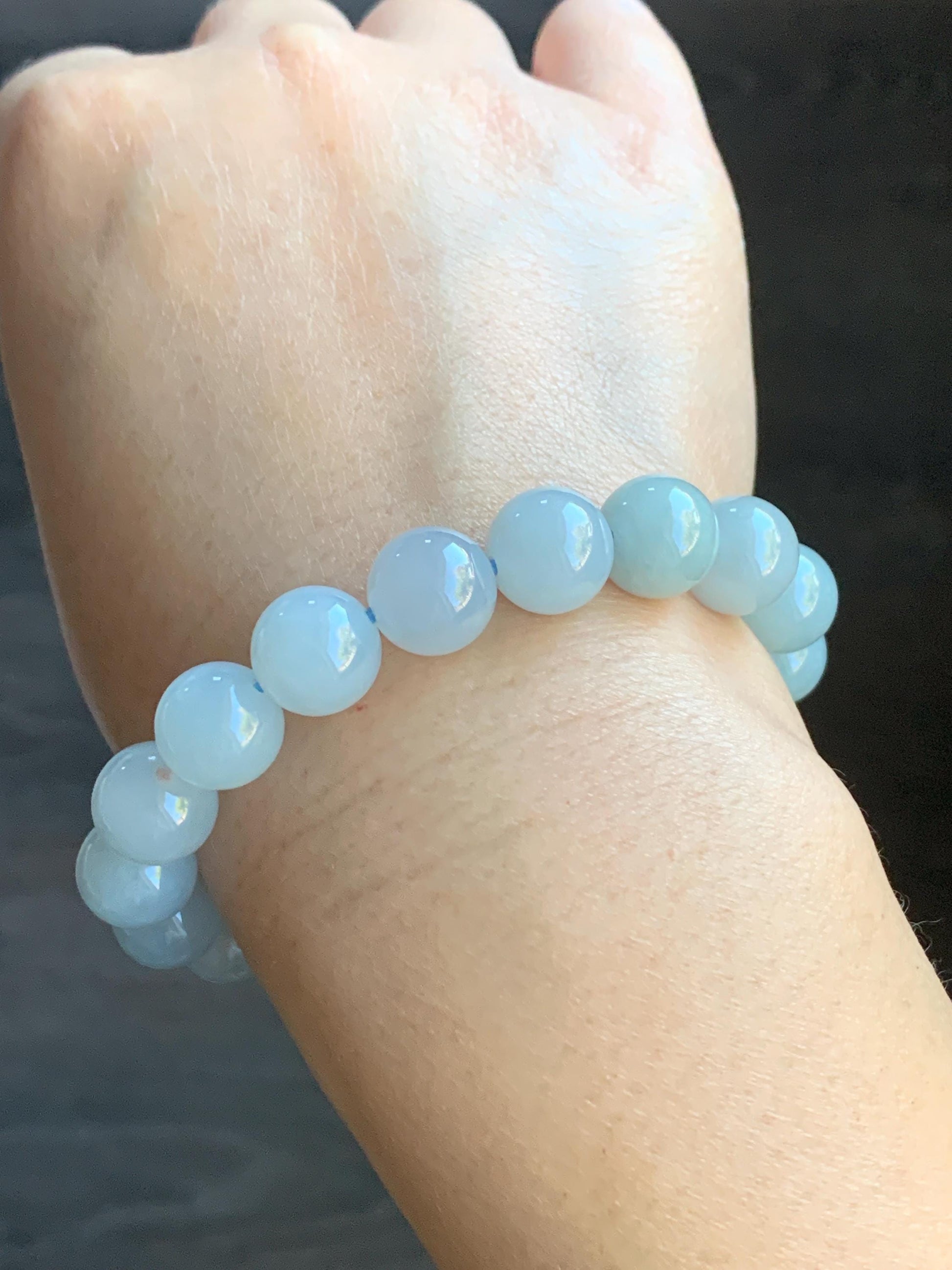 Certified Natural Burmese Icy Translucent Pale Blue Jadeite Large Beads Beaded Bracelet Stretchy 10.9mm 7.25” 40.79 天然缅甸冰胶淡蓝翡翠大卡手串 3008