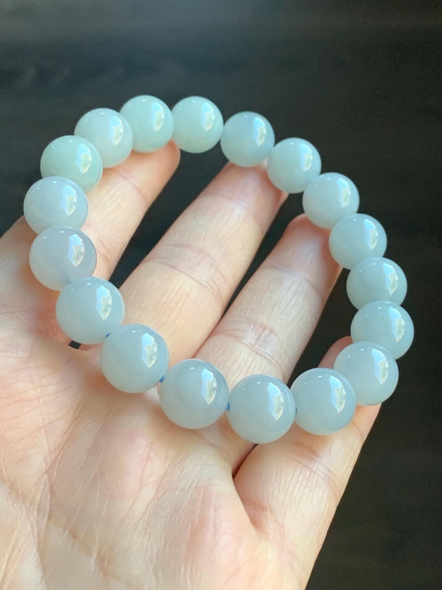 Certified Natural Burmese Icy Translucent Pale Blue Jadeite Large Beads Beaded Bracelet Stretchy 10.9mm 7.25” 40.79 天然缅甸冰胶淡蓝翡翠大卡手串 3008