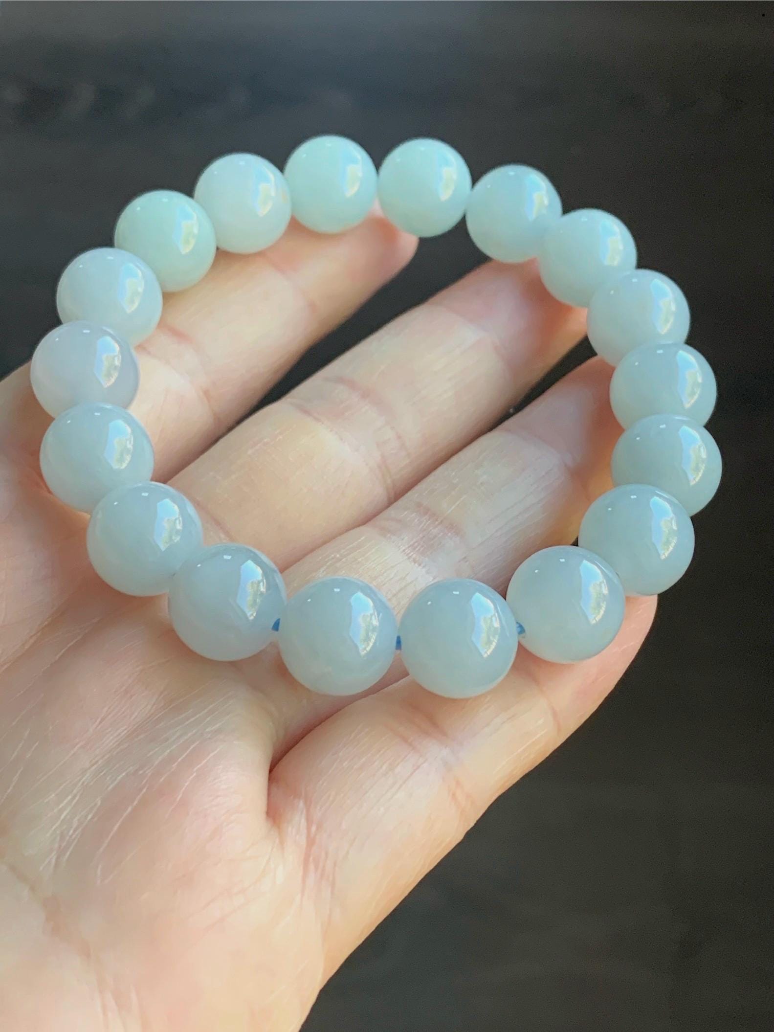Certified Natural Burmese Icy Translucent Pale Blue Jadeite Large Beads Beaded Bracelet Stretchy 10.9mm 7.25” 40.79 天然缅甸冰胶淡蓝翡翠大卡手串 3008