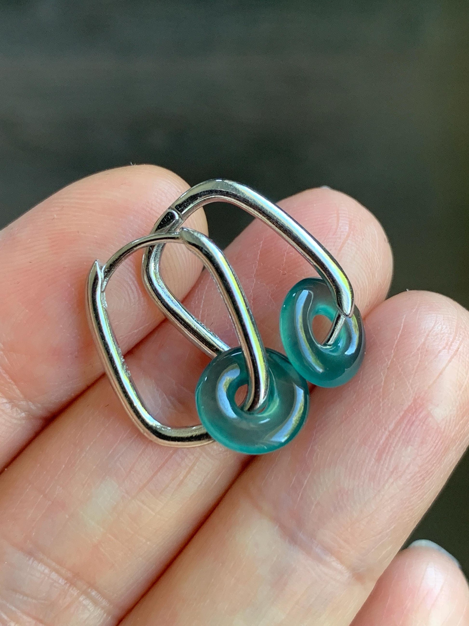 Natural Guatemalan Icy Highly Translucent Teal Green Jadeite Ping An Kou Mini Donut Huggie Hoop Earrings Sterling Silver 天然冰胶起光蓝绿翡翠迷你平安扣银耳包