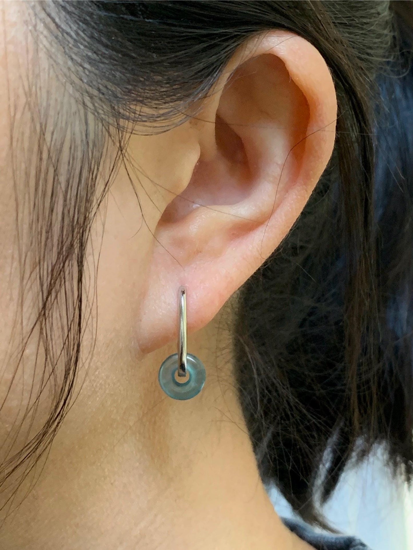 Natural Guatemalan Icy Highly Translucent Light Teal Jadeite Ping An Kou Mini Donut Huggie Hoop Earrings Sterling Silver 天然冰胶起光蓝绿翡翠迷你平安扣银耳