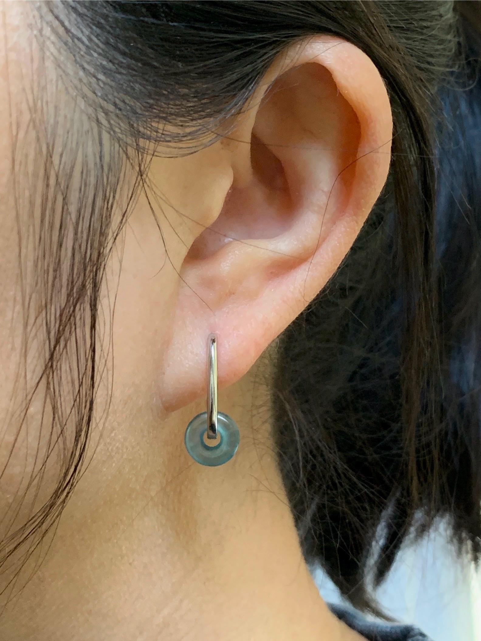 Natural Guatemalan Icy Highly Translucent Light Teal Jadeite Ping An Kou Mini Donut Huggie Hoop Earrings Sterling Silver 天然冰胶起光蓝绿翡翠迷你平安扣银耳